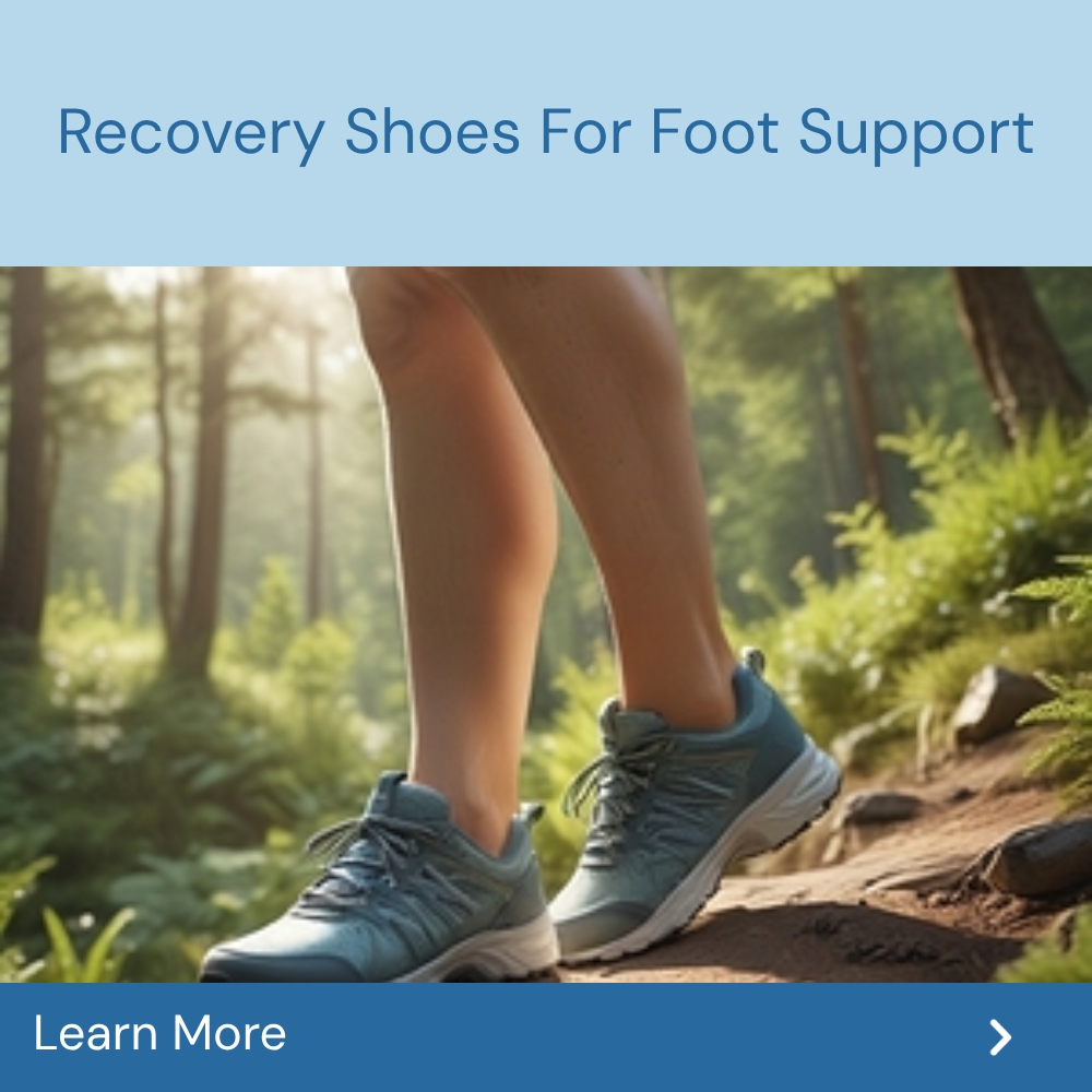 ExploreAnswers Inflow Facebook ad: Step Into Relief: Recovery Shoes For Foot Support.