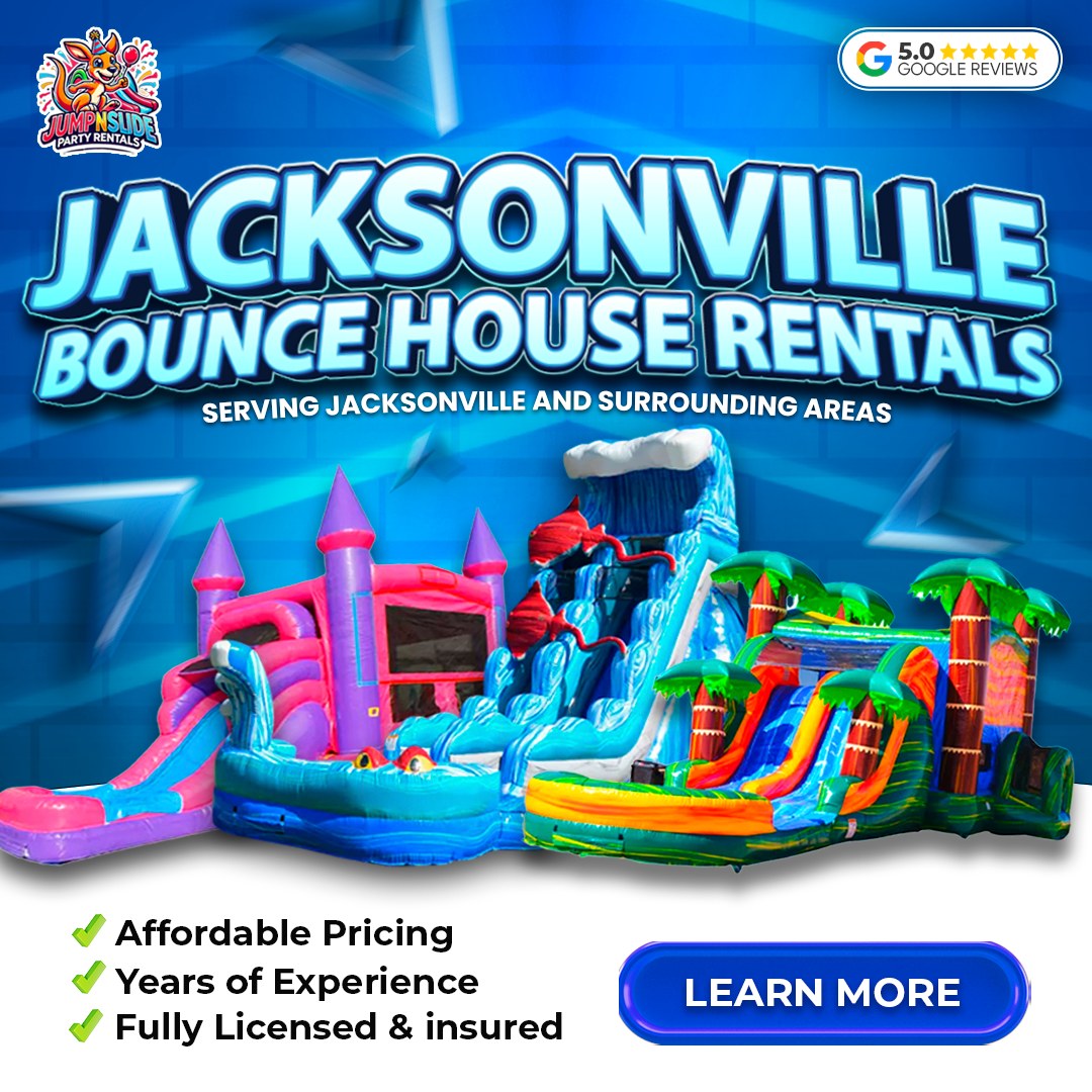 Jump N slide party rentals Facebook ad: Hey Jacksonville! Ready to bounce into unforgettable fun?