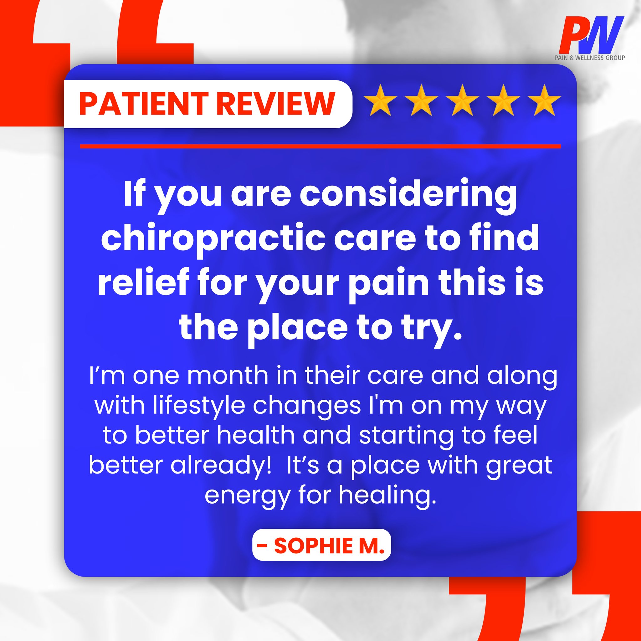 Pain and Wellness Group - Plainfield Facebook ad: Thank you for your 5-star review, Sophie M.