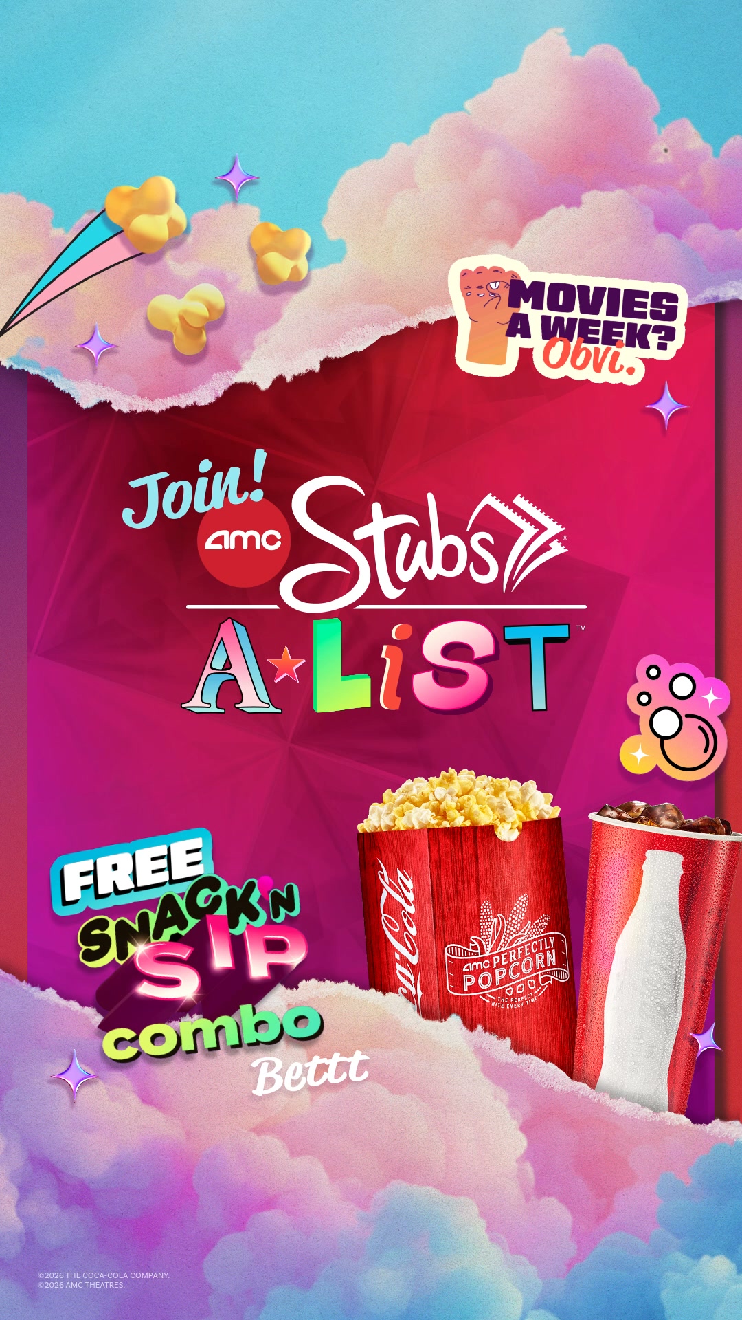 AMC Theatres Facebook ad: wanna free popcorn + drink?