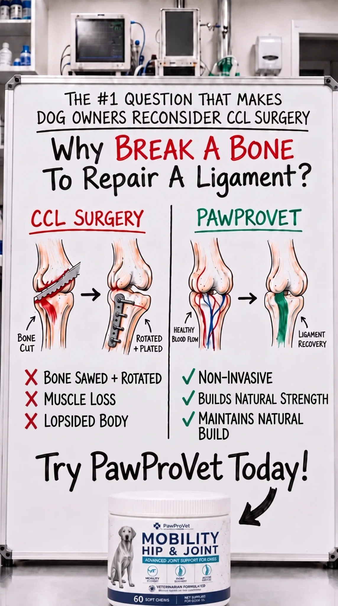 Paw Pro Vet Pets Facebook ad: YOUR DOG TORE THEIR CCL. WHY ARE THEY CUTTING THE BONE?