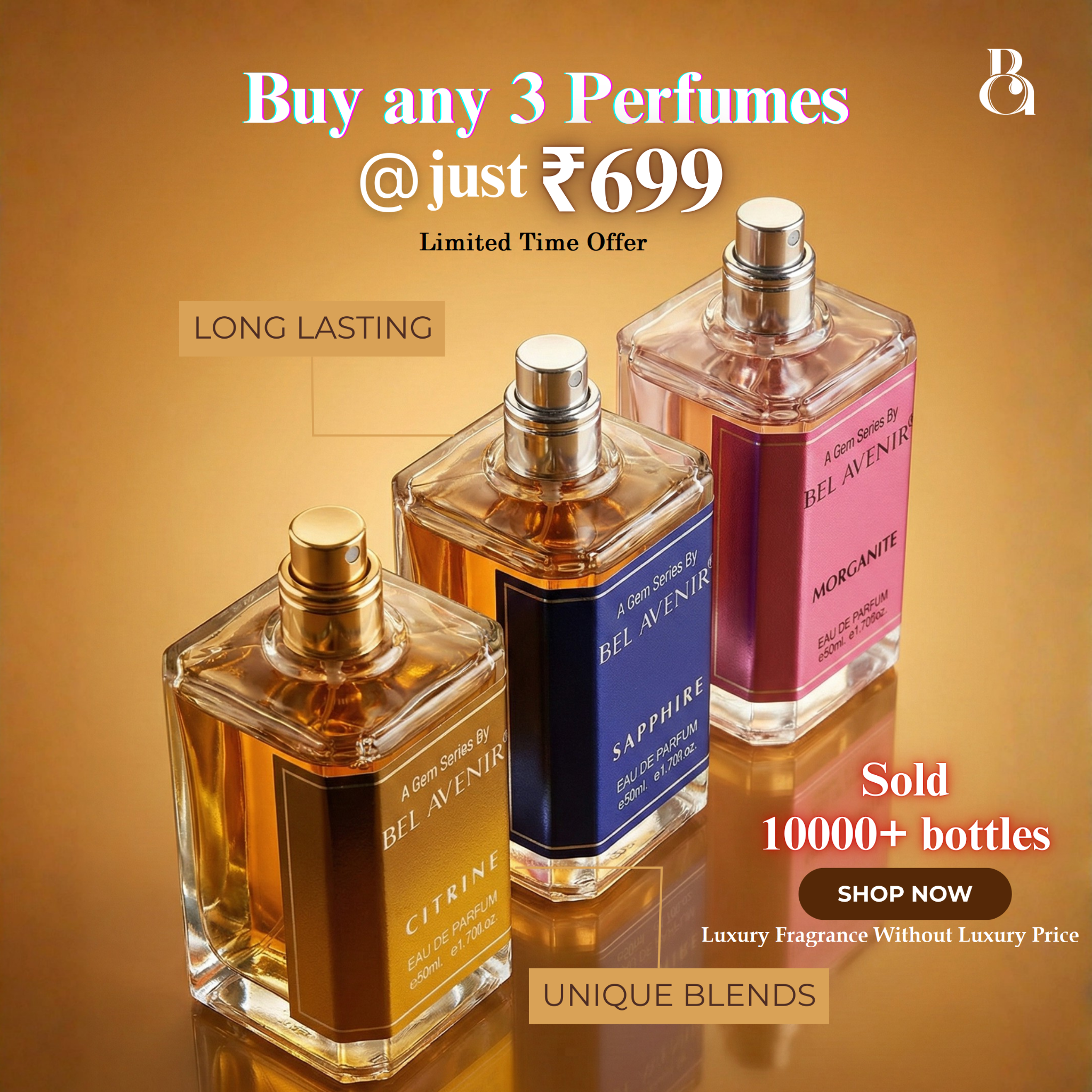 Bel Avenir Perfumes Facebook ad: Pick Any 3 Perfumes @ ₹699