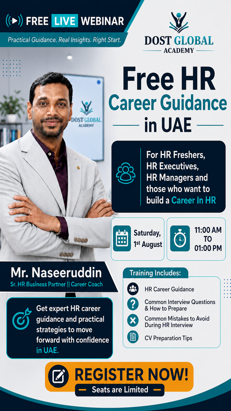 Dost Global Academy Facebook ad: Free HR Career Guidance Webinar in UAE