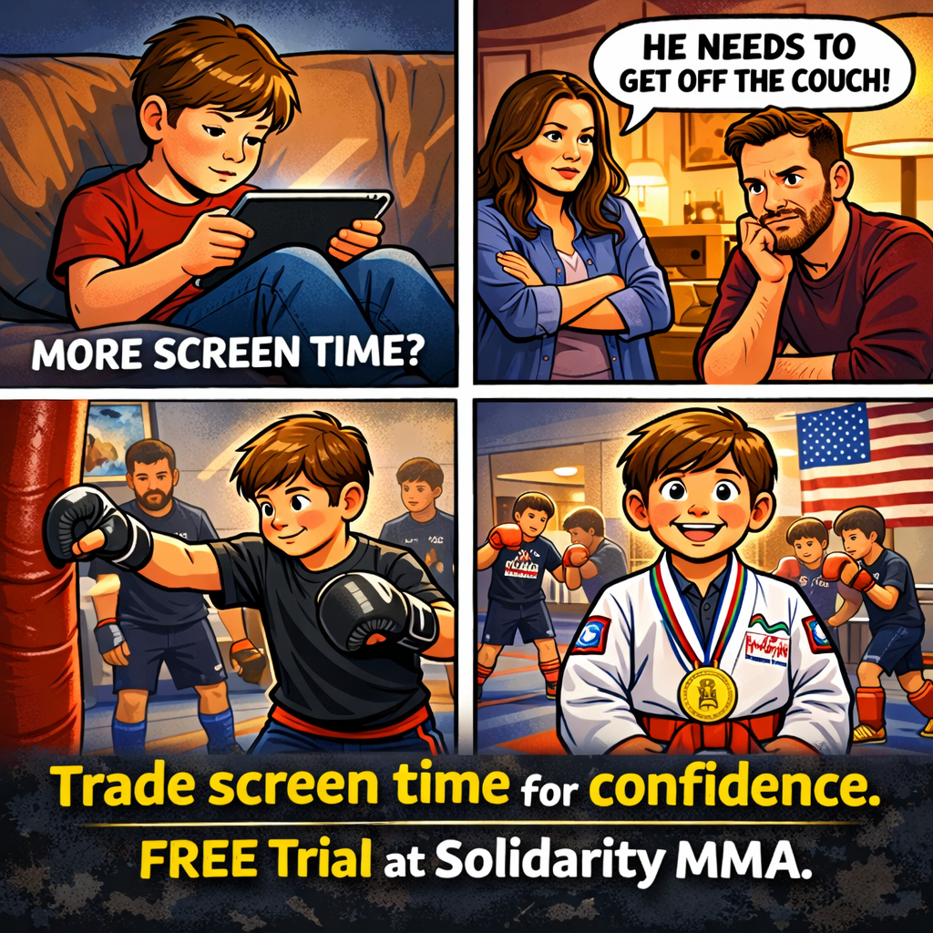 Solidarity MMA - Jiu-Jitsu & Kickboxing Academy Facebook ad: Build Confidence & Discipline, Free Trial for Kids