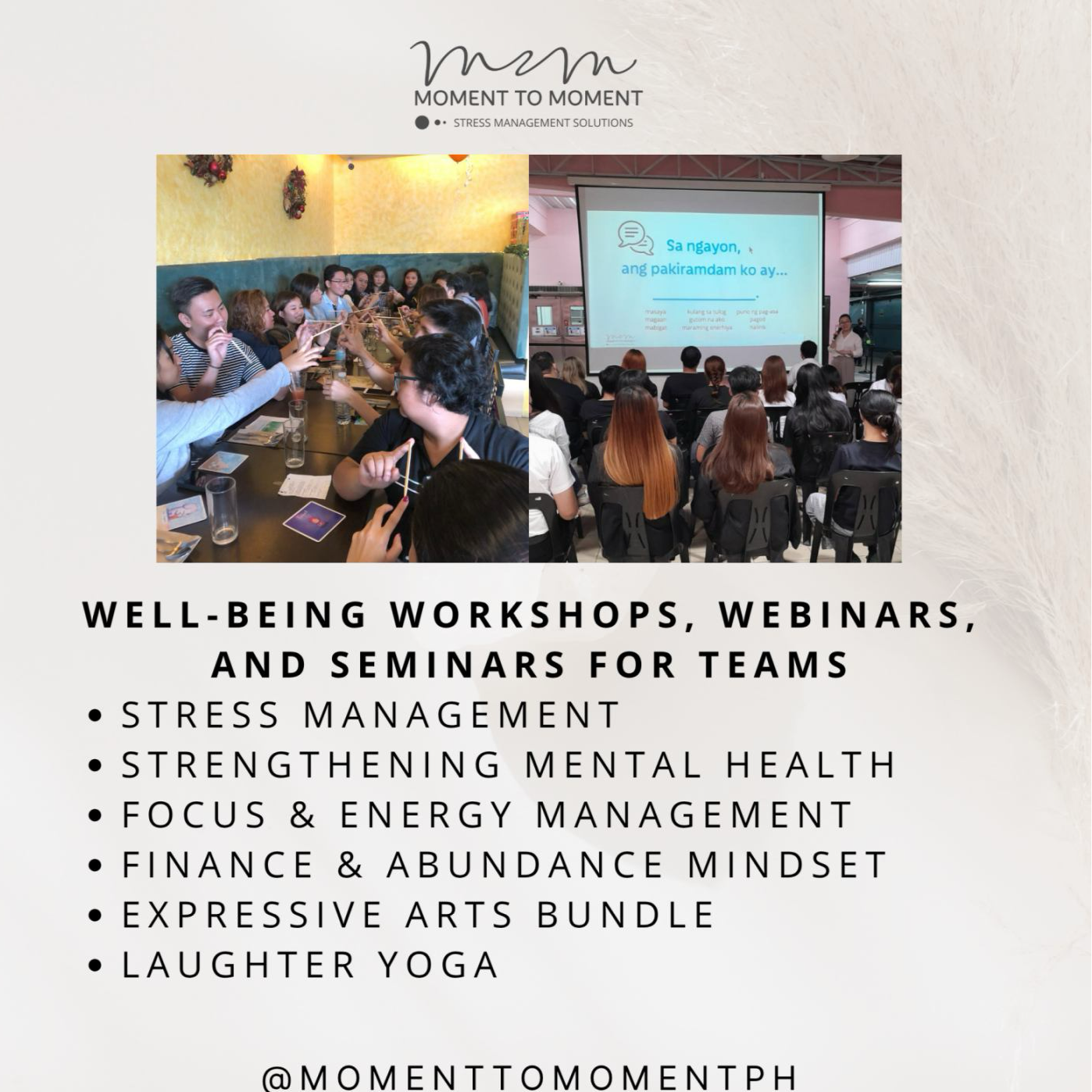 moment to moment Facebook ad: Stress Management and Well-Being Workshops for Teams