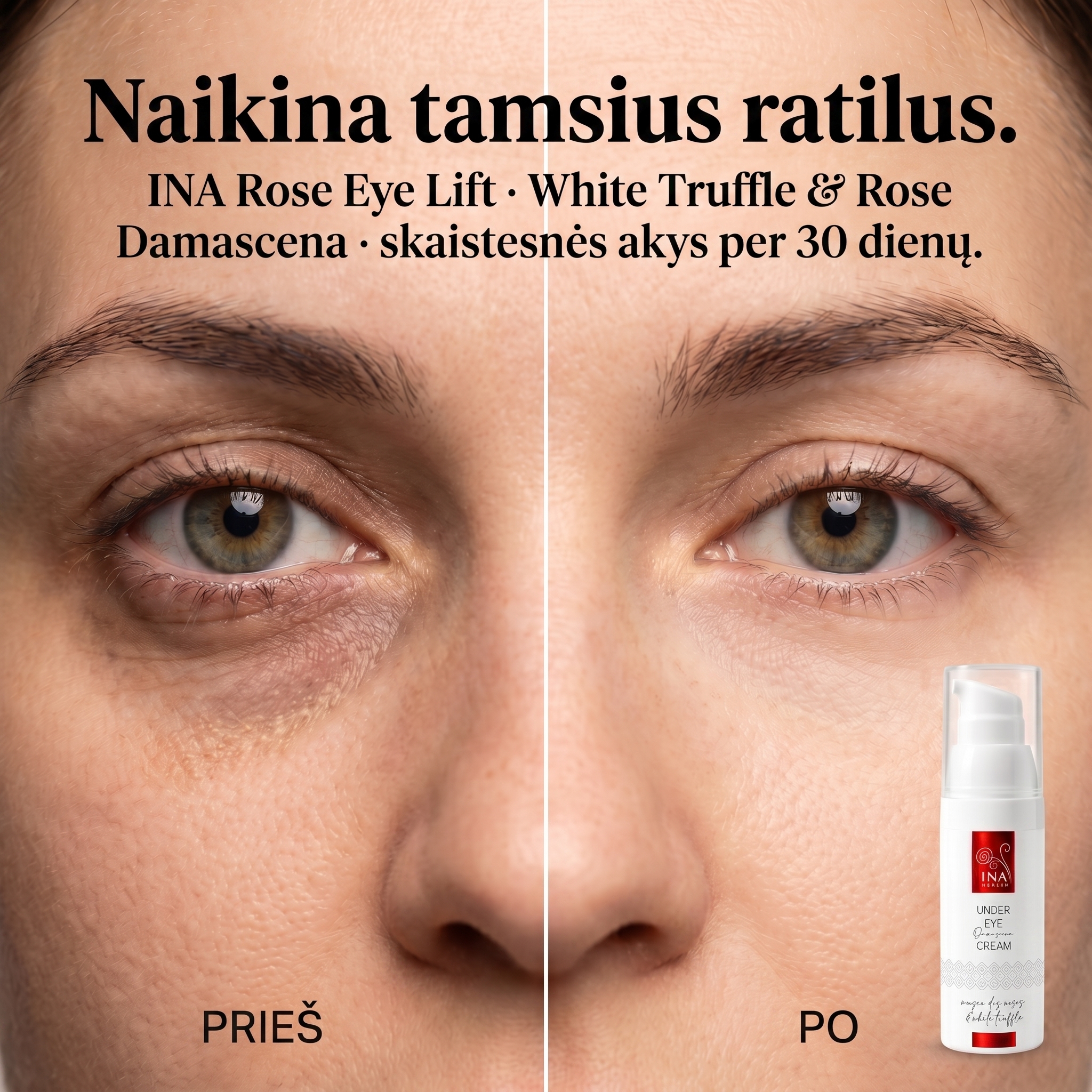 InaEssentials.lt - Šeimos Organinė Kosmetika Facebook ad: Tamsūs ratilai išnyksta per 30 dienų.
