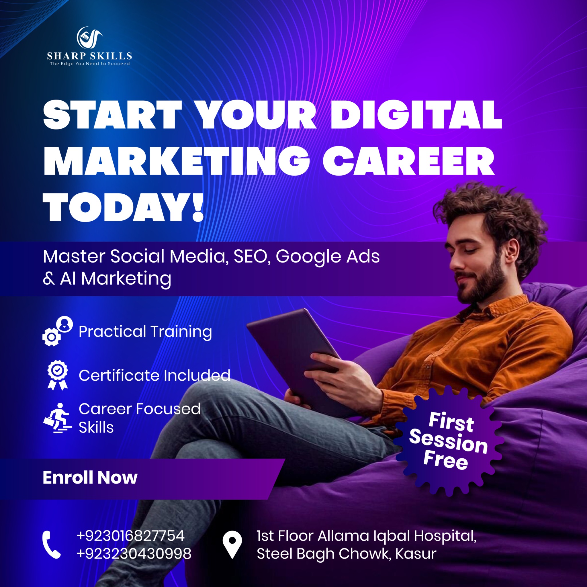 Sharp skills Facebook ad: Start Your Marketing Career Today