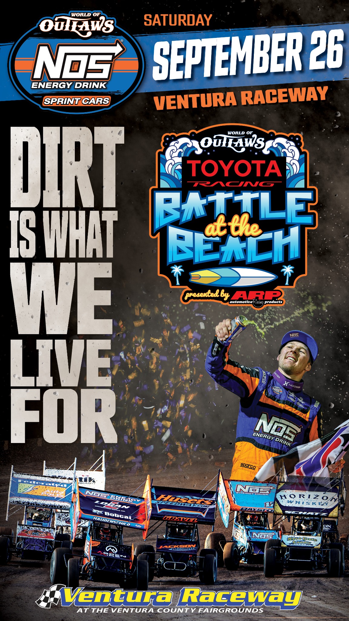 World of Outlaws Sprint Car Series Facebook ad: Ocean Views. Outlaw Horsepower.