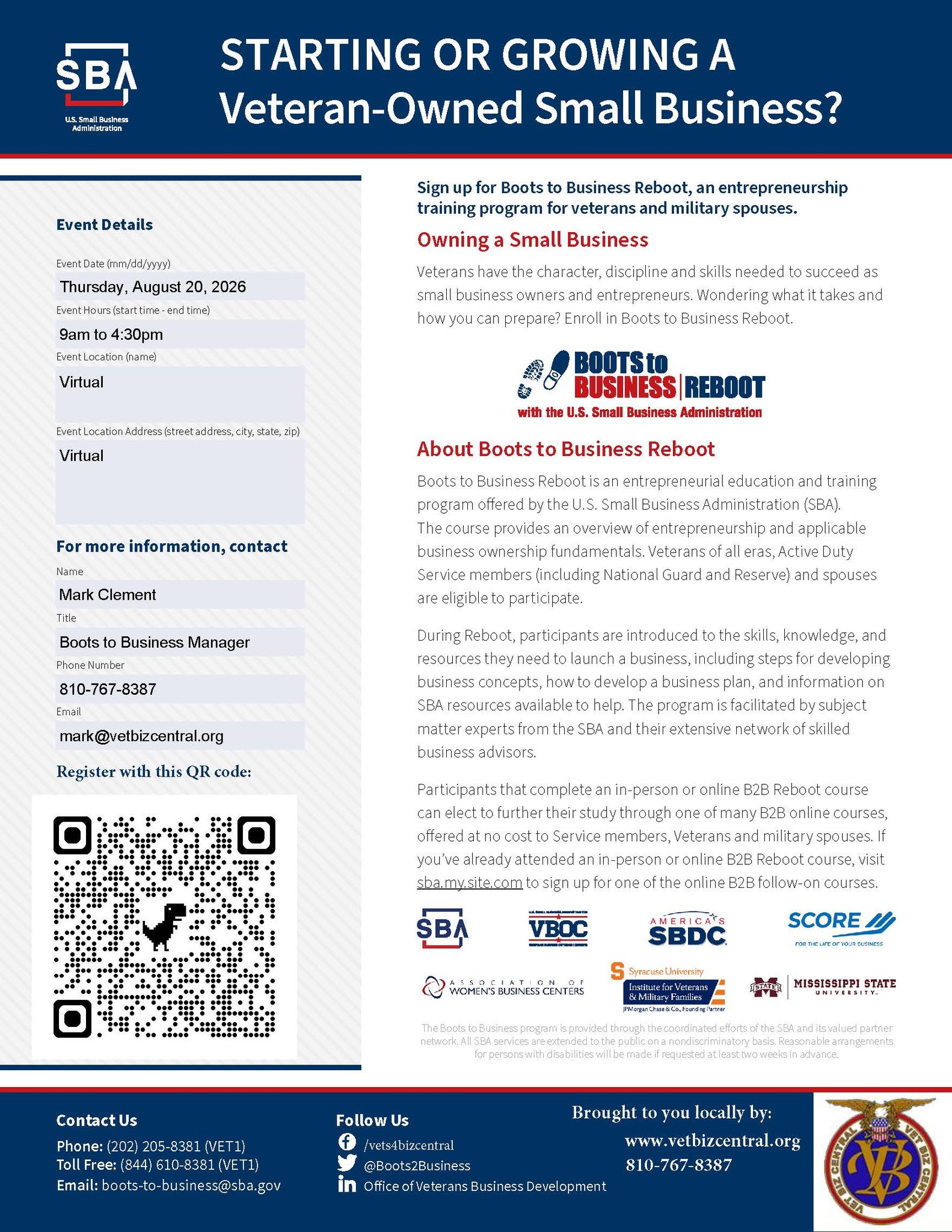 VetBiz Central Facebook ad: Register Here: https://bootstobusiness.sba.gov/s/class/a00S…