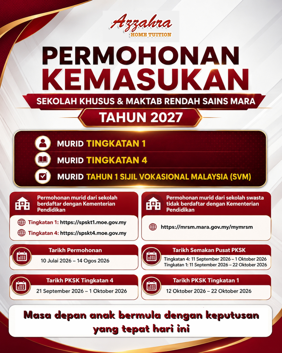 Azzahra Home Tuition HQ Facebook ad: KPM telah mengumumkan tarikh-tarikh penting bagi…