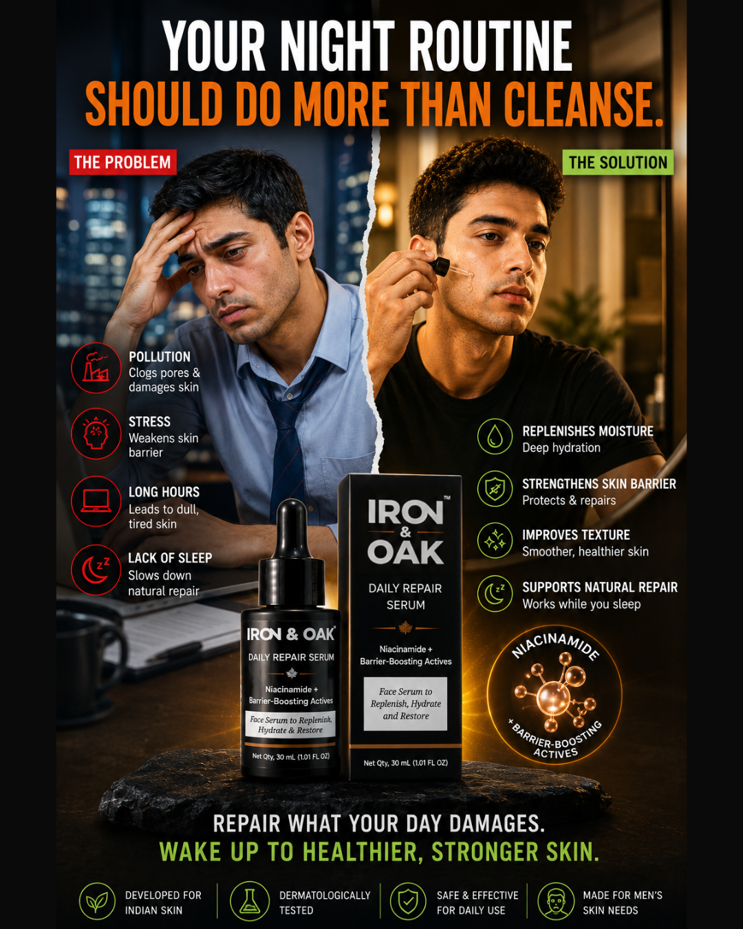 Iron & Oak Facebook ad: Repair Your Skin Overnight