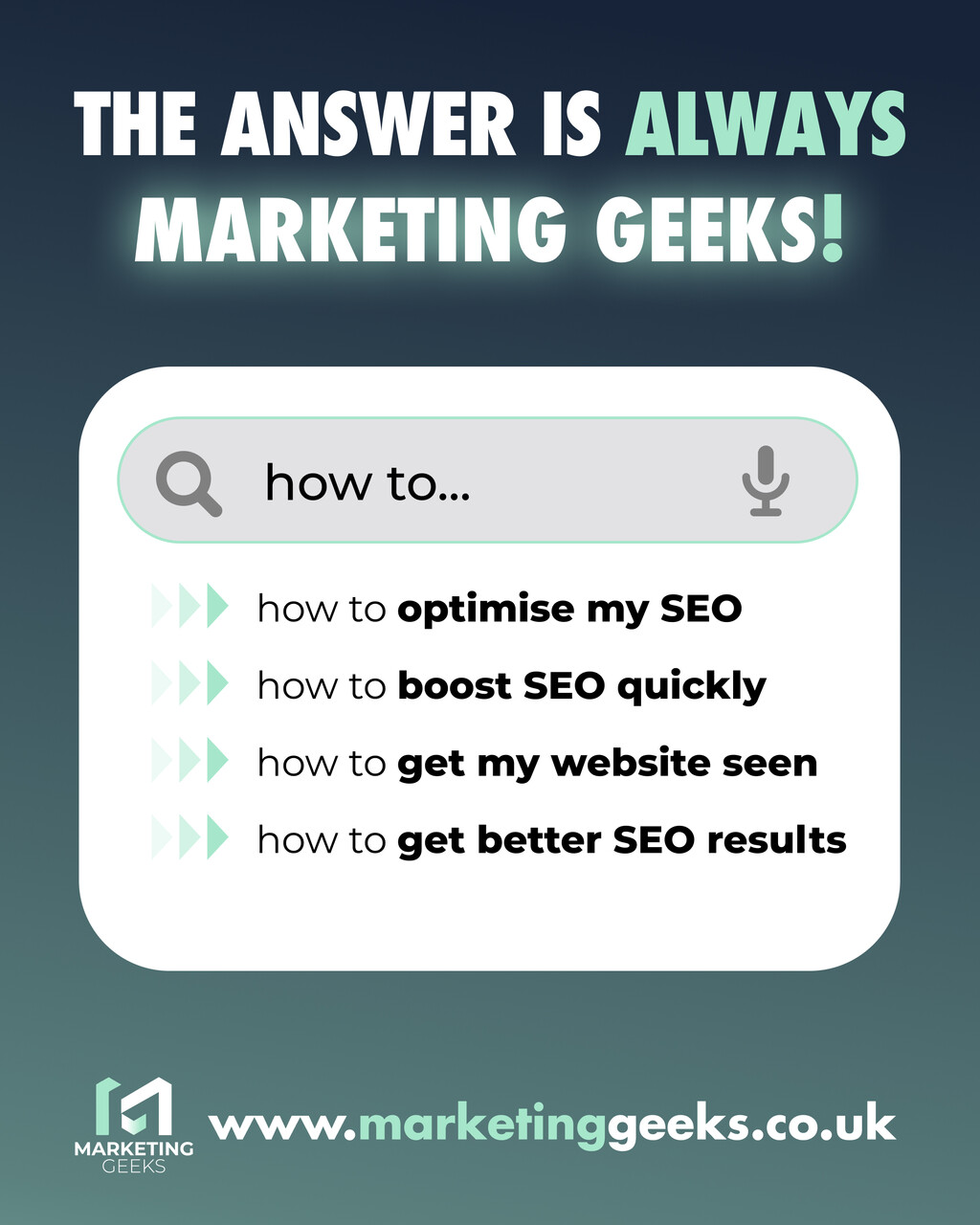 Marketing Geeks Facebook ad: Searching for ways to get your business seen…