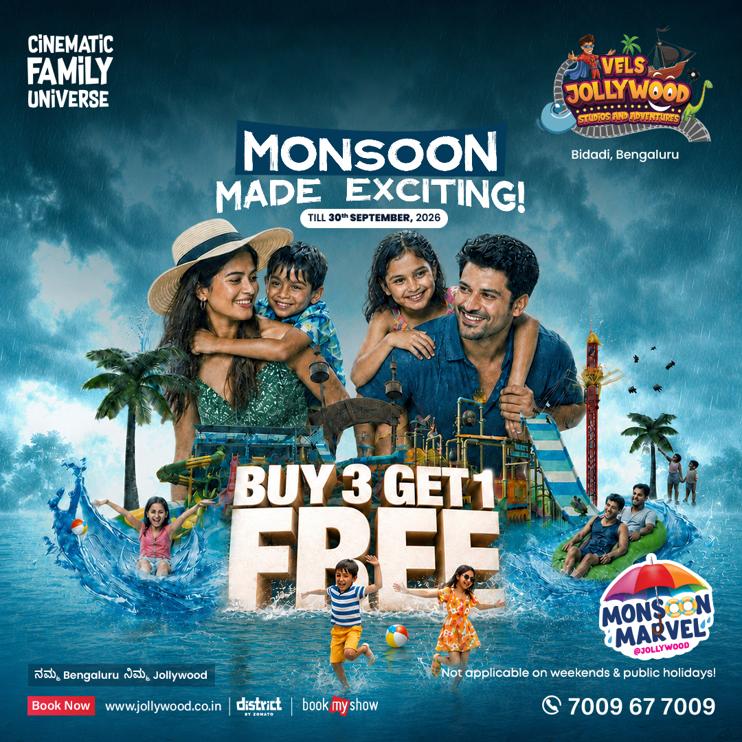 Vels Jollywood Adventures Facebook ad: Monsoon Marvel: Buy 3 Tickets & Get 1 FREE!