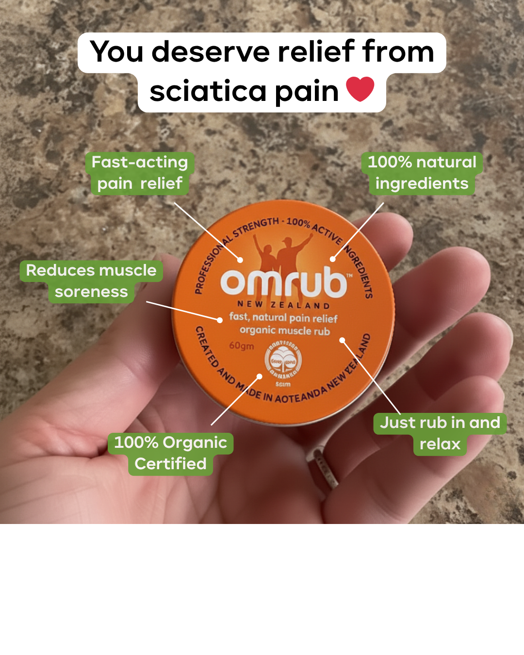 Omrub - Organic Muscle Rub Facebook ad: Sciatica Pain Gone In 3 Weeks