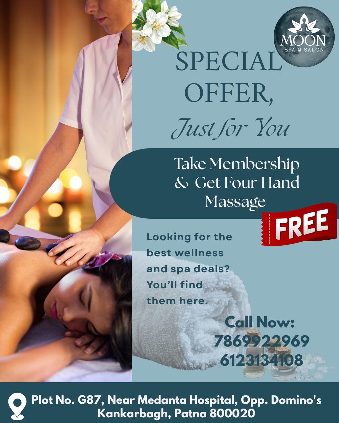 MOON SPA Saloon Facebook ad: Get free four hand Massage in taking membership