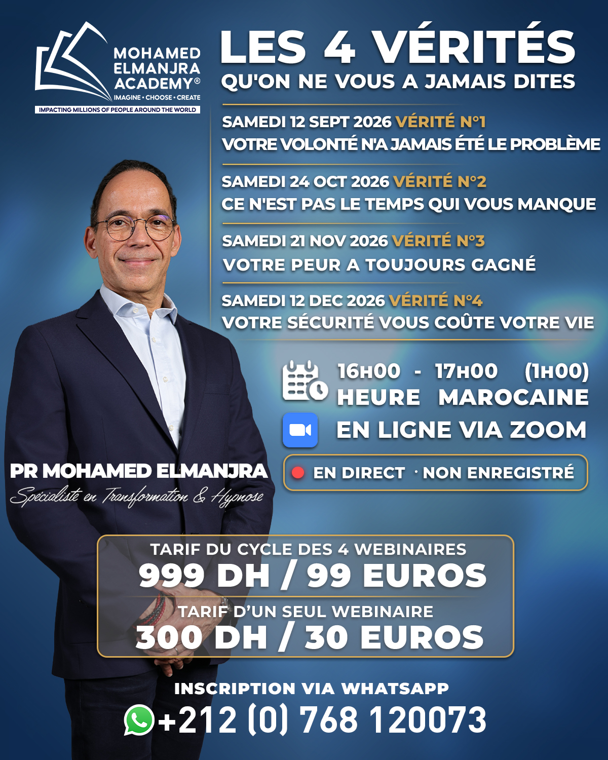 Mohamed Elmanjra Facebook ad: LES 4 VÉRITÉS | 12 SEP - 24 OCT - 21 NOV - 12 DÉC|