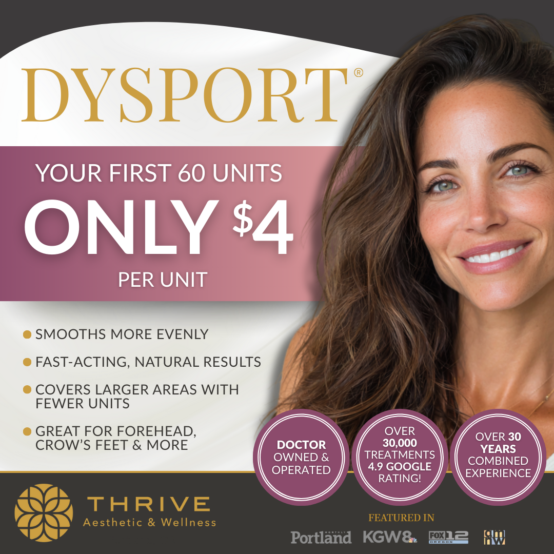 Thrive Aesthetic & Wellness Facebook ad: Get Your First 60 units of Dysport for ONLY $4/Unit!