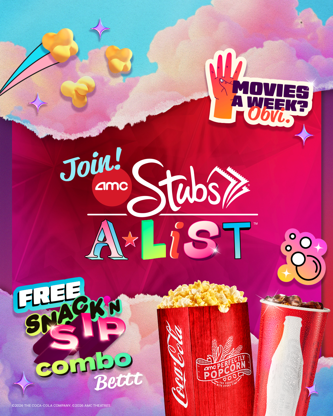 AMC Theatres Facebook ad: wanna free popcorn + drink?