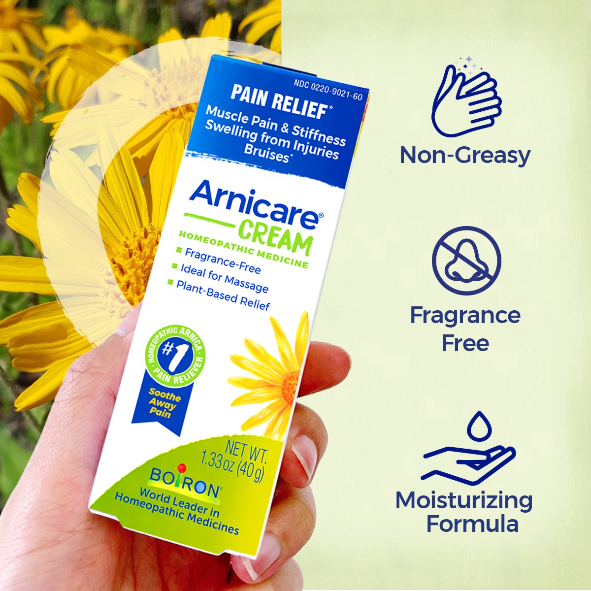 BOIRON USA Facebook ad: Unscented & Non-Greasy, Plant-powered pain relief