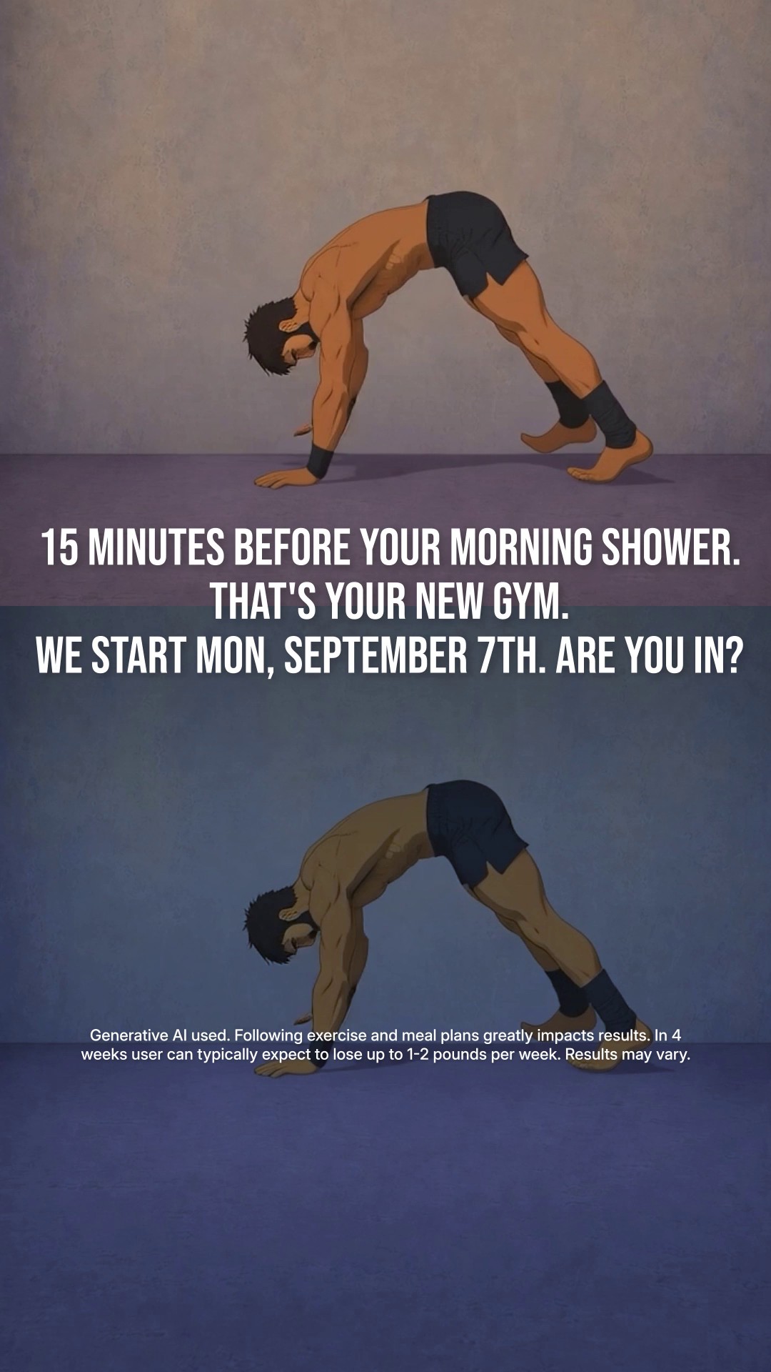 BetterMe Men Facebook ad: For Big Guys: Start Fifteen Today. Build Steady Strength.
