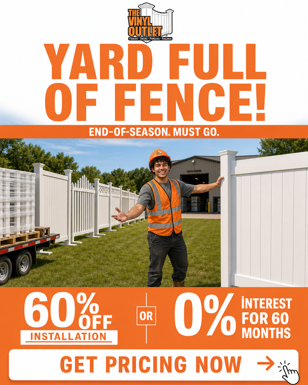 The Vinyl Outlet Facebook ad: 60% OFF A New Fence Install - Save Thousands