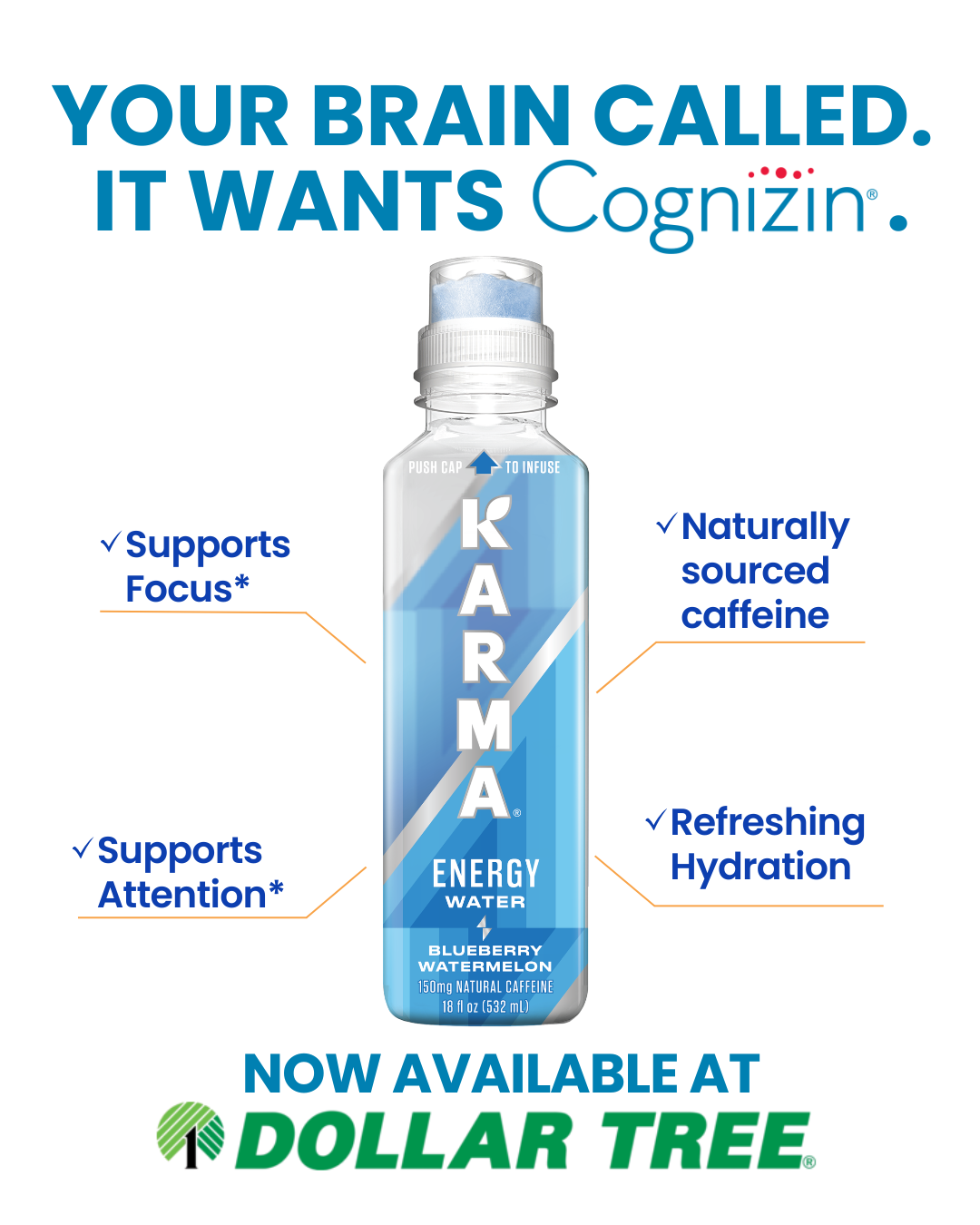 Karma Water Facebook ad: Energy + Focus, Now at Dollar Tree