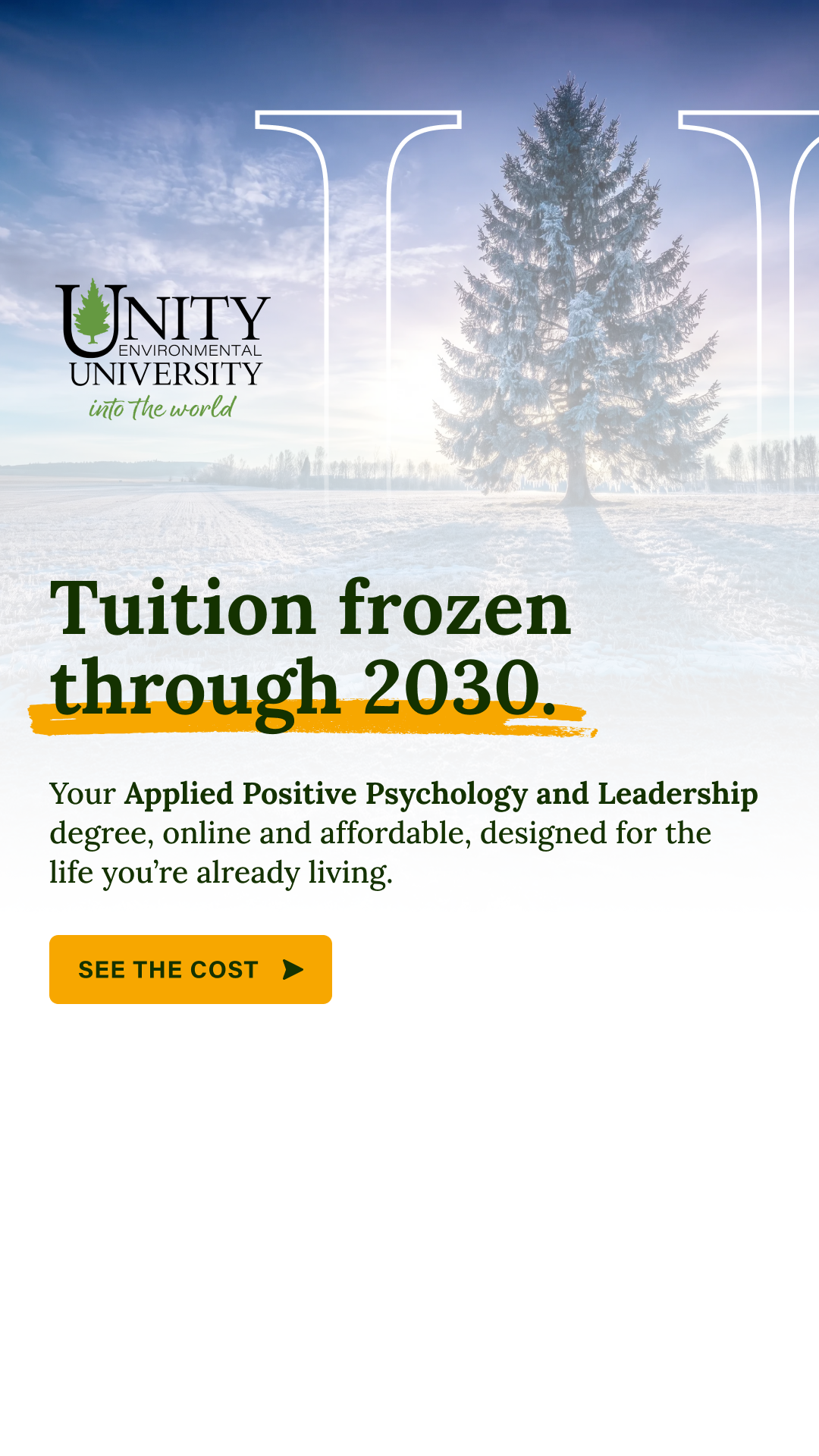 Unity Environmental University Facebook ad: Your tuition, frozen through 2030