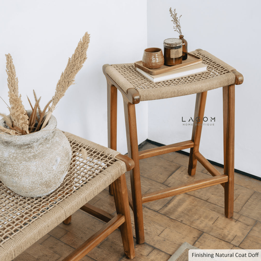 Lagom Home Boutique Facebook ad: Solid teak bar stools combining craftsmanship, comfort, and…