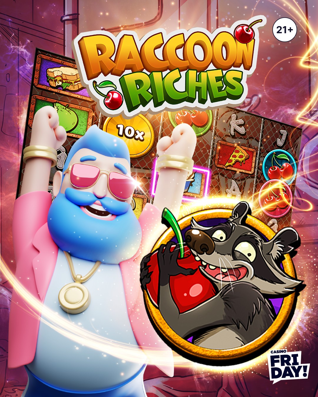 CasinoFriday.net Facebook ad: Racoon Riches! Great combo treasures await