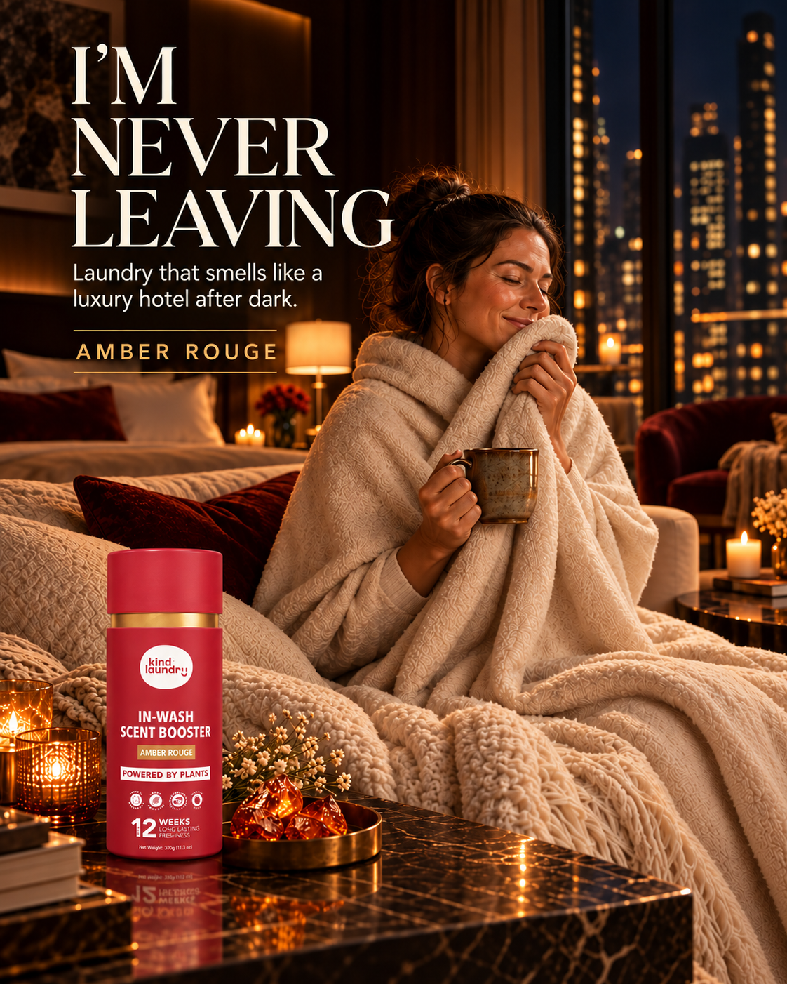 Kind Laundry Facebook ad: Warm. Rich. The Hotel Suite Feeling, In Your Laundry.