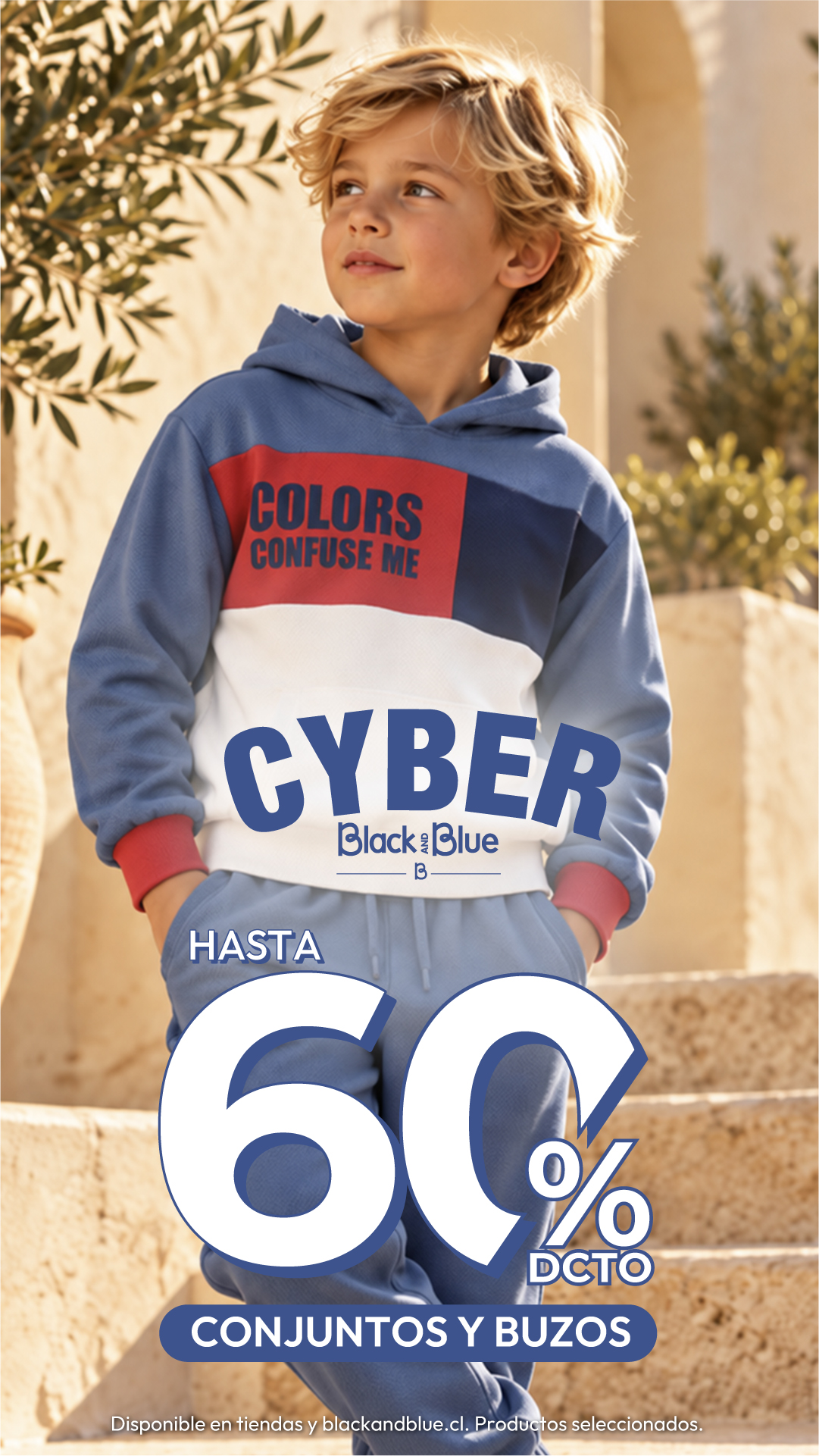 Black and Blue Facebook ad: Cyber Week Conjuntos y buzos