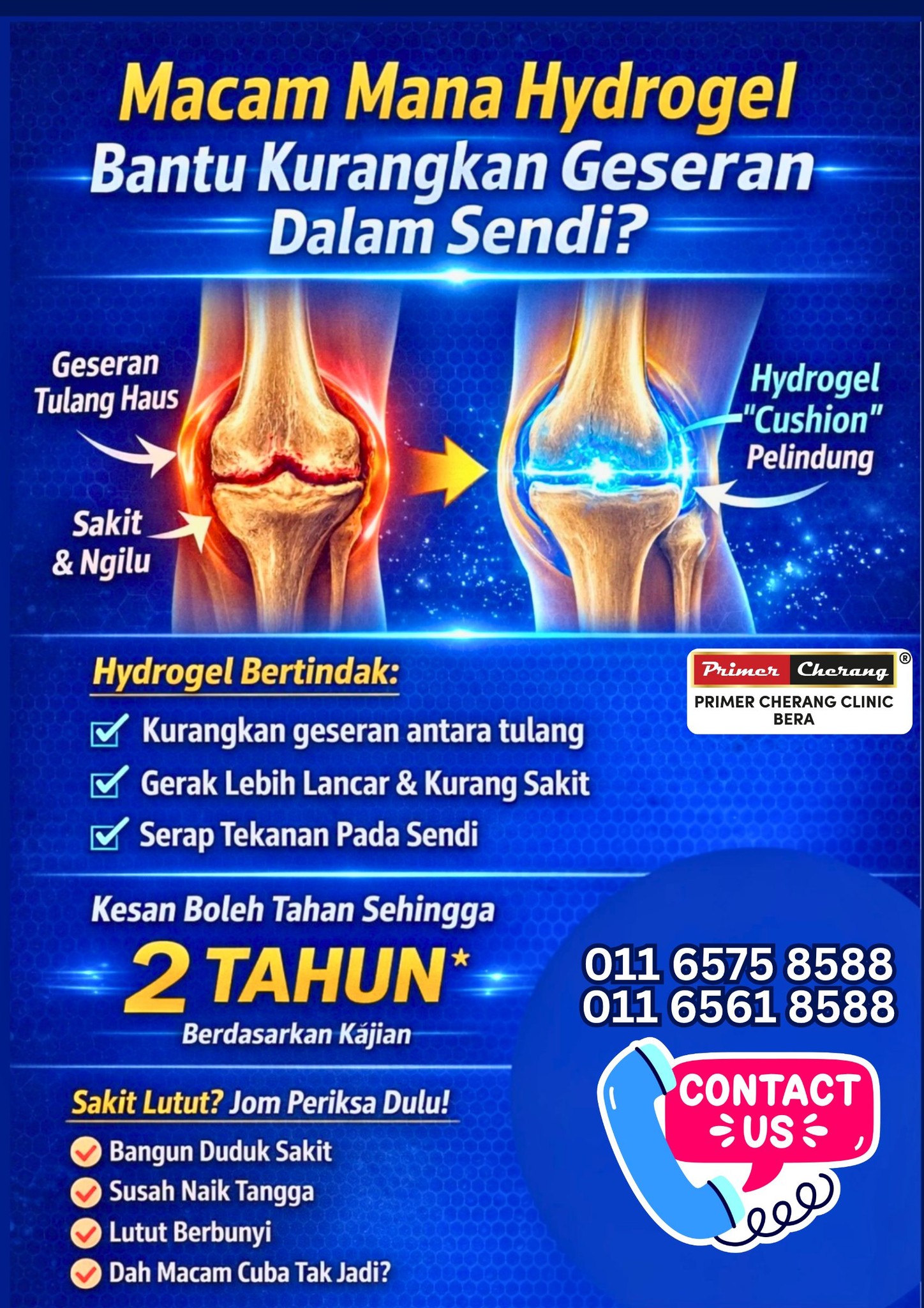 Primer Cherang Clinic Bera Facebook ad: Sakit lutut bukan lagi sesuatu yang perlu ditahan.