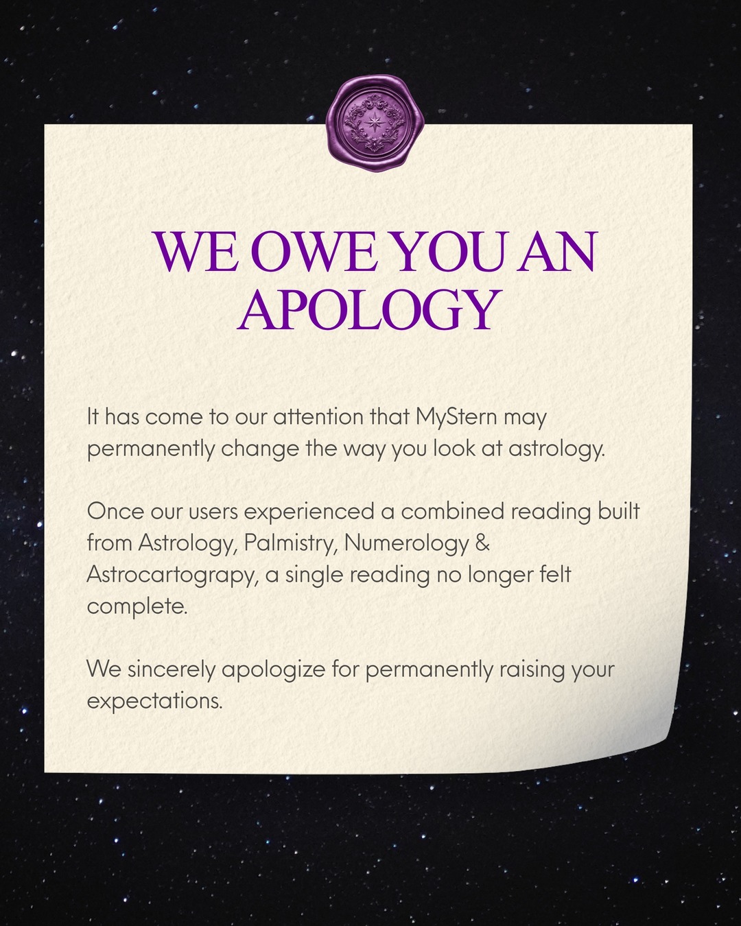 MyStern Facebook ad: We owe you an apology.
