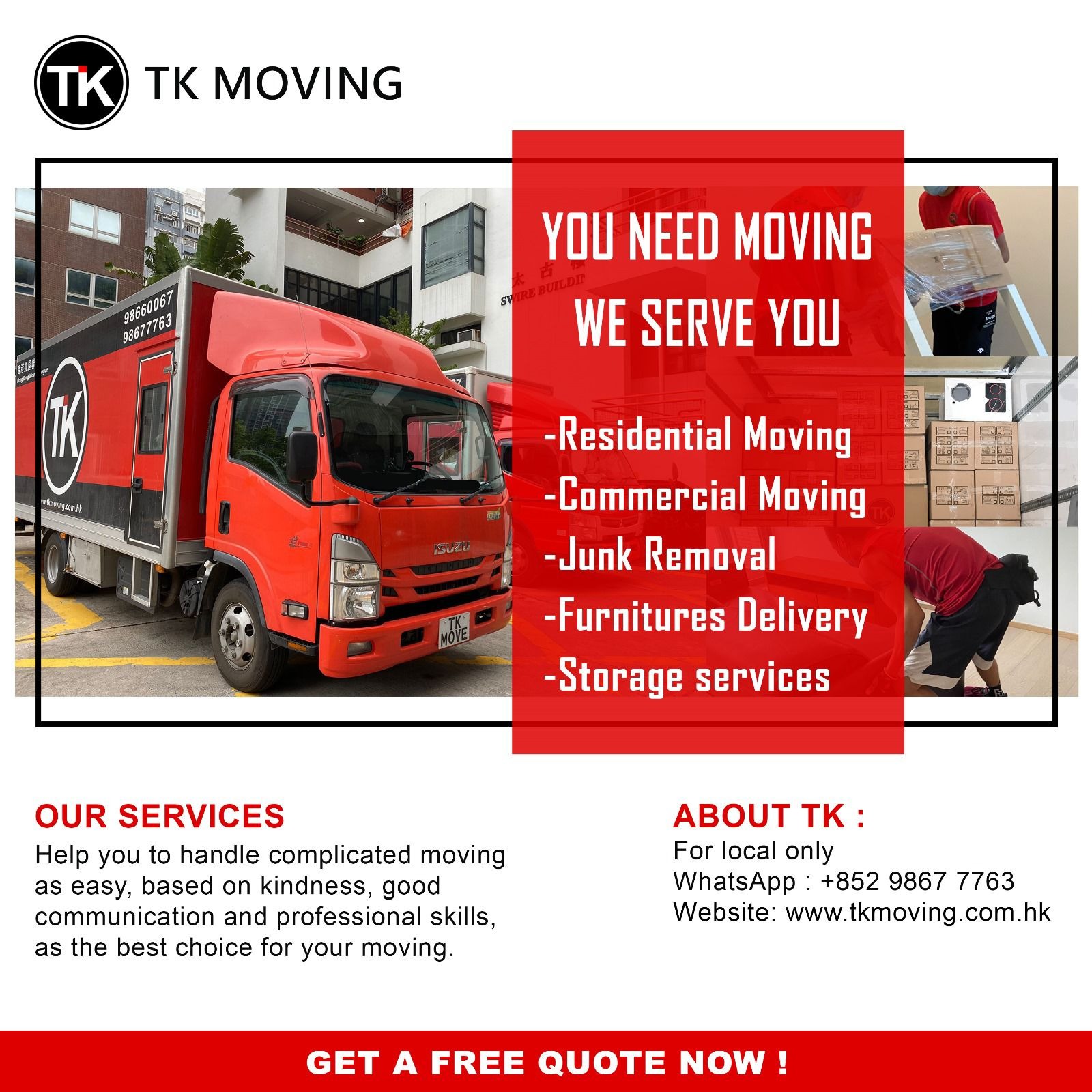 Tk 搬屋有限公司 Facebook ad: Probably the best movers in HK, Let’s contact us for your…