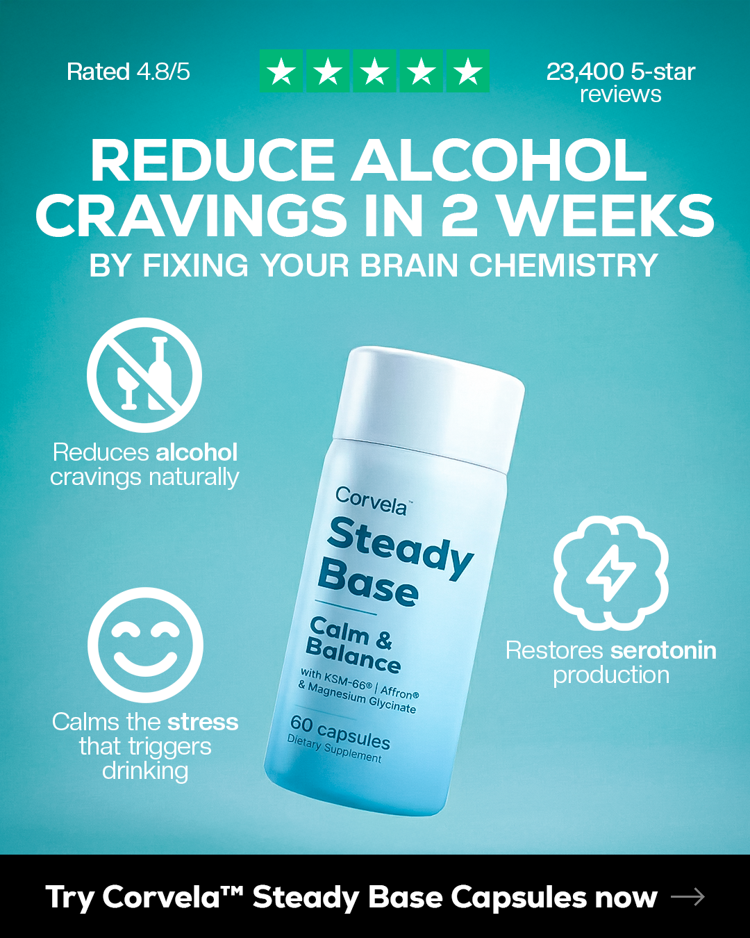 Corvela Steady Base Facebook ad: Your brain is craving serotonin, not alcohol.