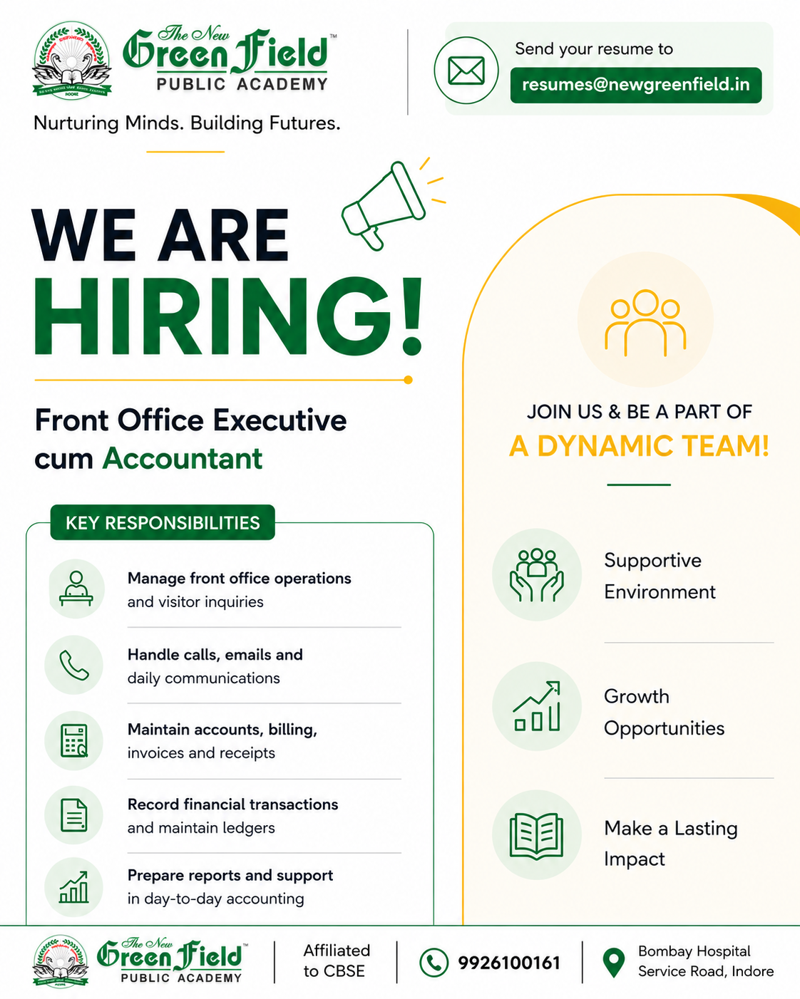 New Green Field Public Academy Facebook ad: WE ARE HIRING, Join a Premium CBSE School in Indore! Green…