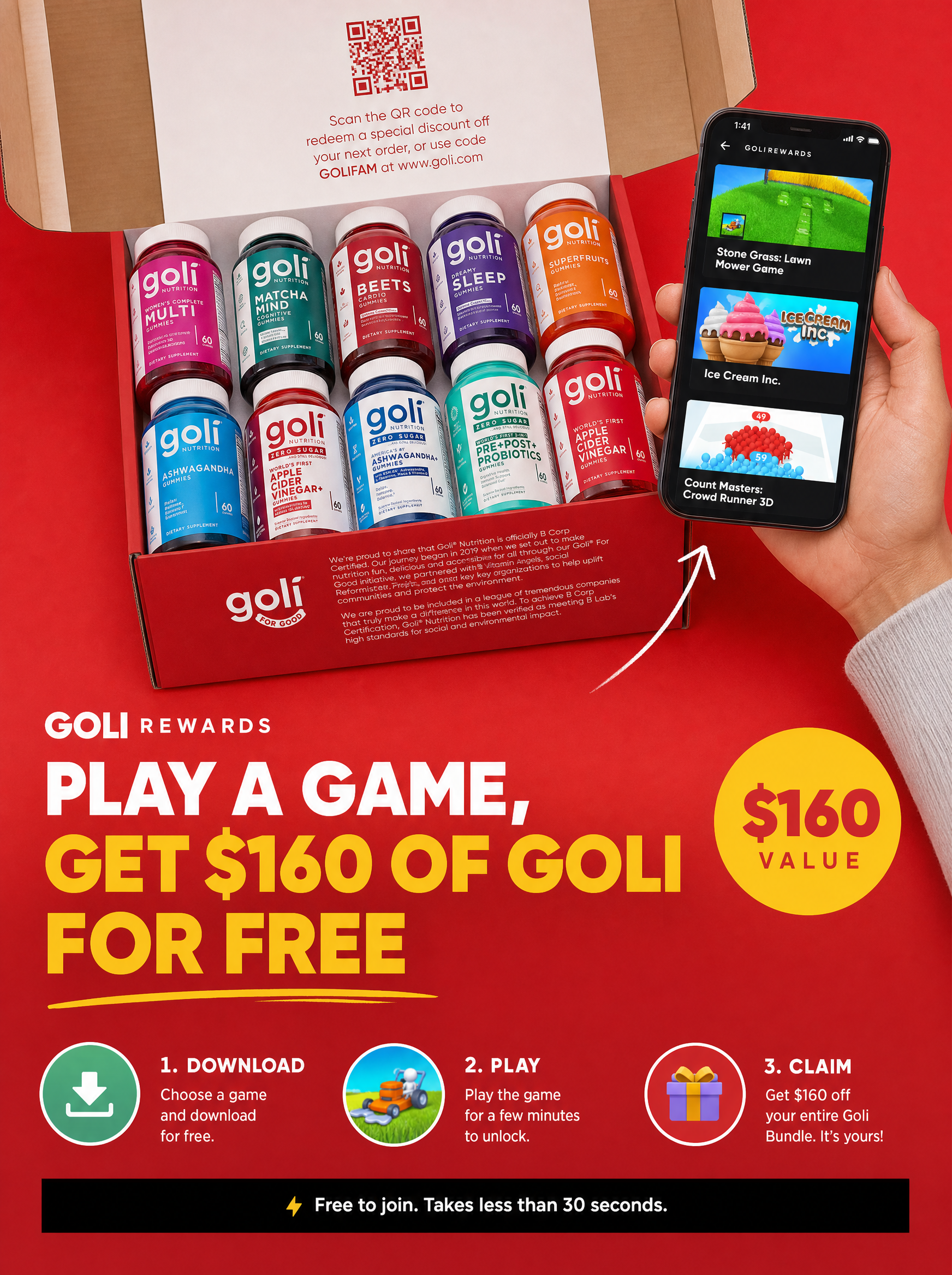 Goli Facebook ad: Play Games → Get $160 In Goli FREE