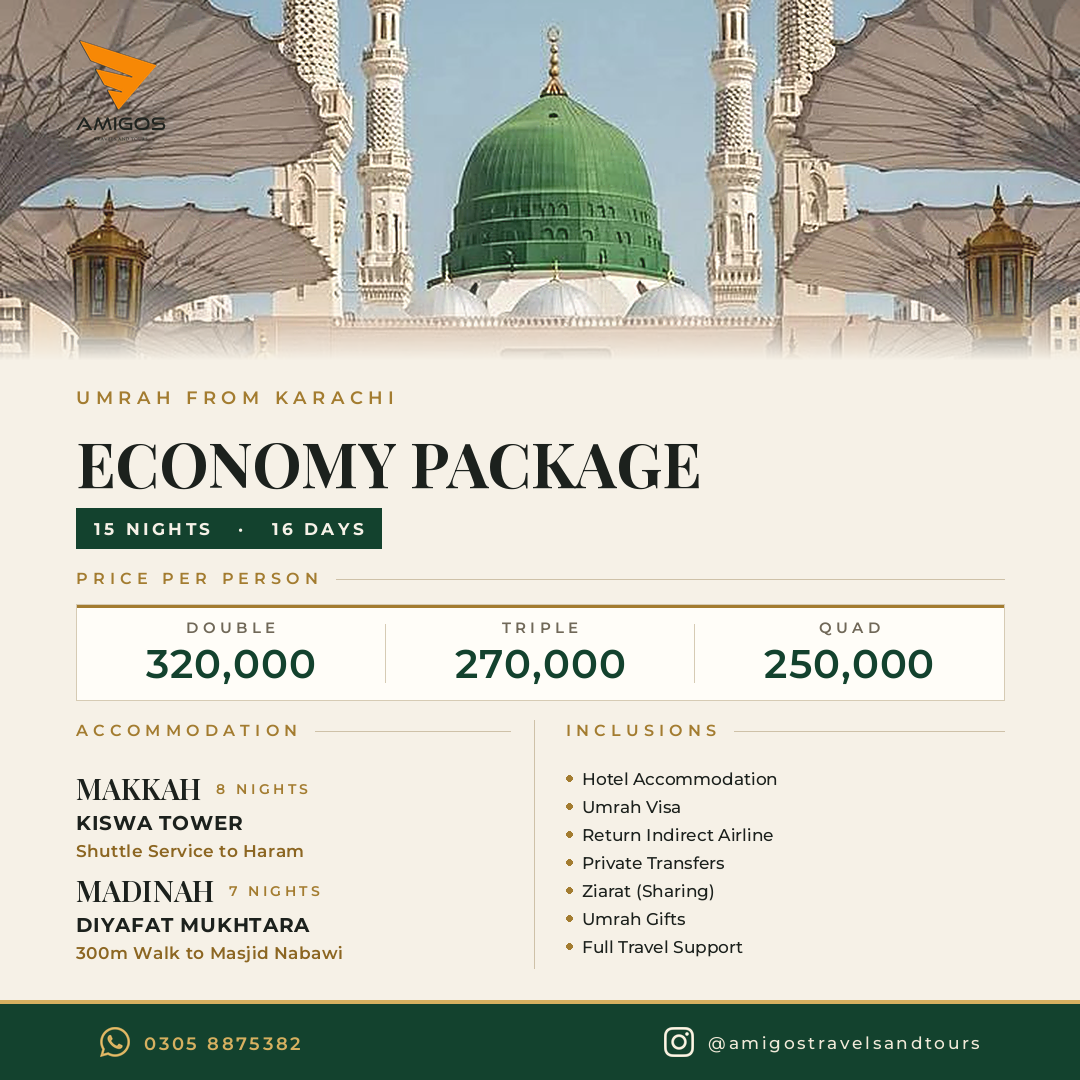 Amigos Travels and Tours Facebook ad: Umrah from Karachi: 15 nights, 8 in Makkah…