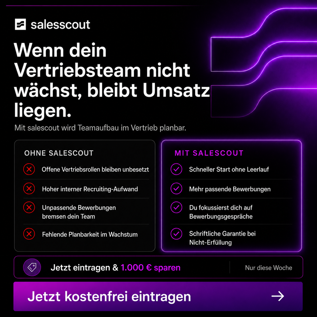 SalesScout Facebook ad: Jetzt eintragen und direkt 1000€ sparen!