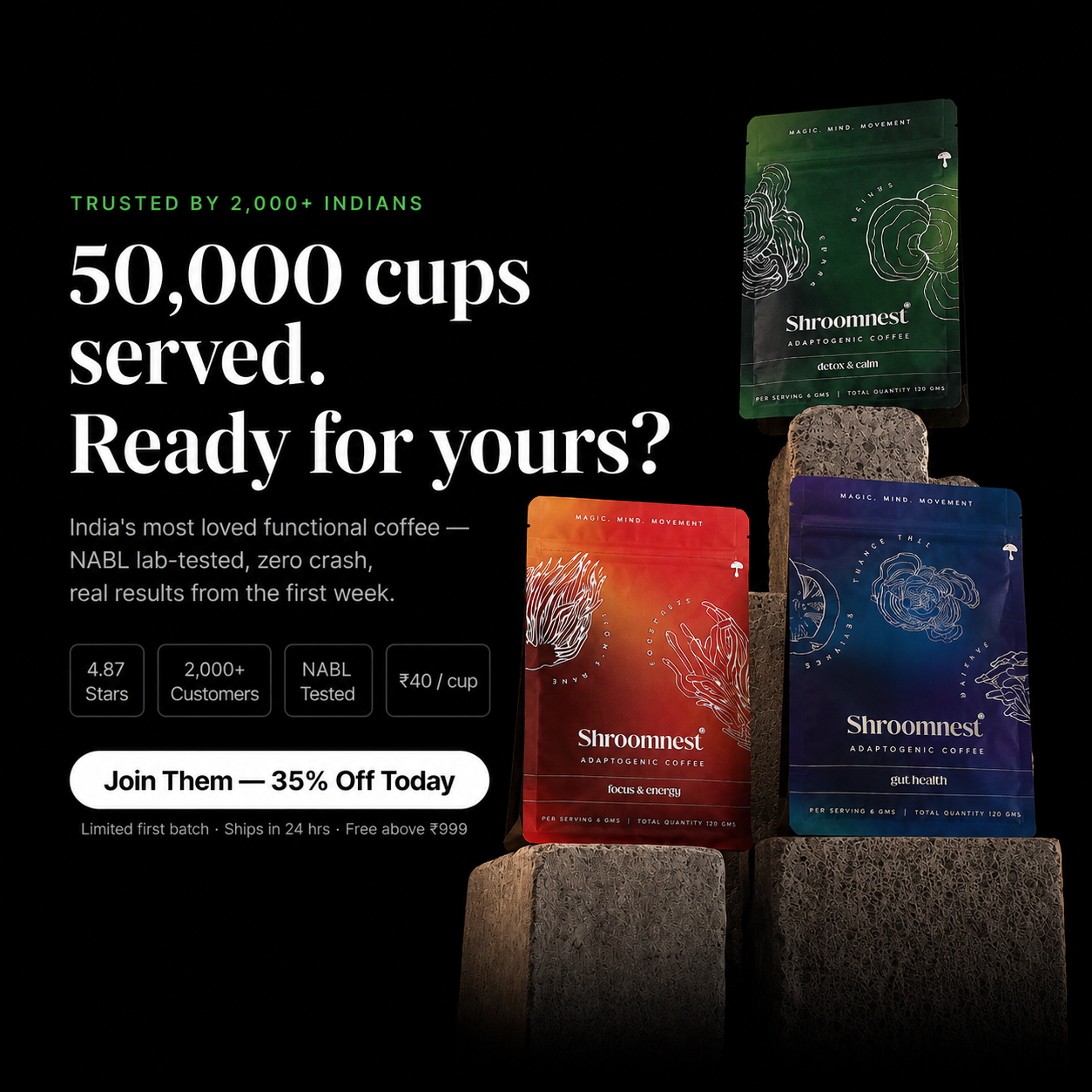 ShroomNest Facebook ad: Your 24-Hour Coffee Upgrade
