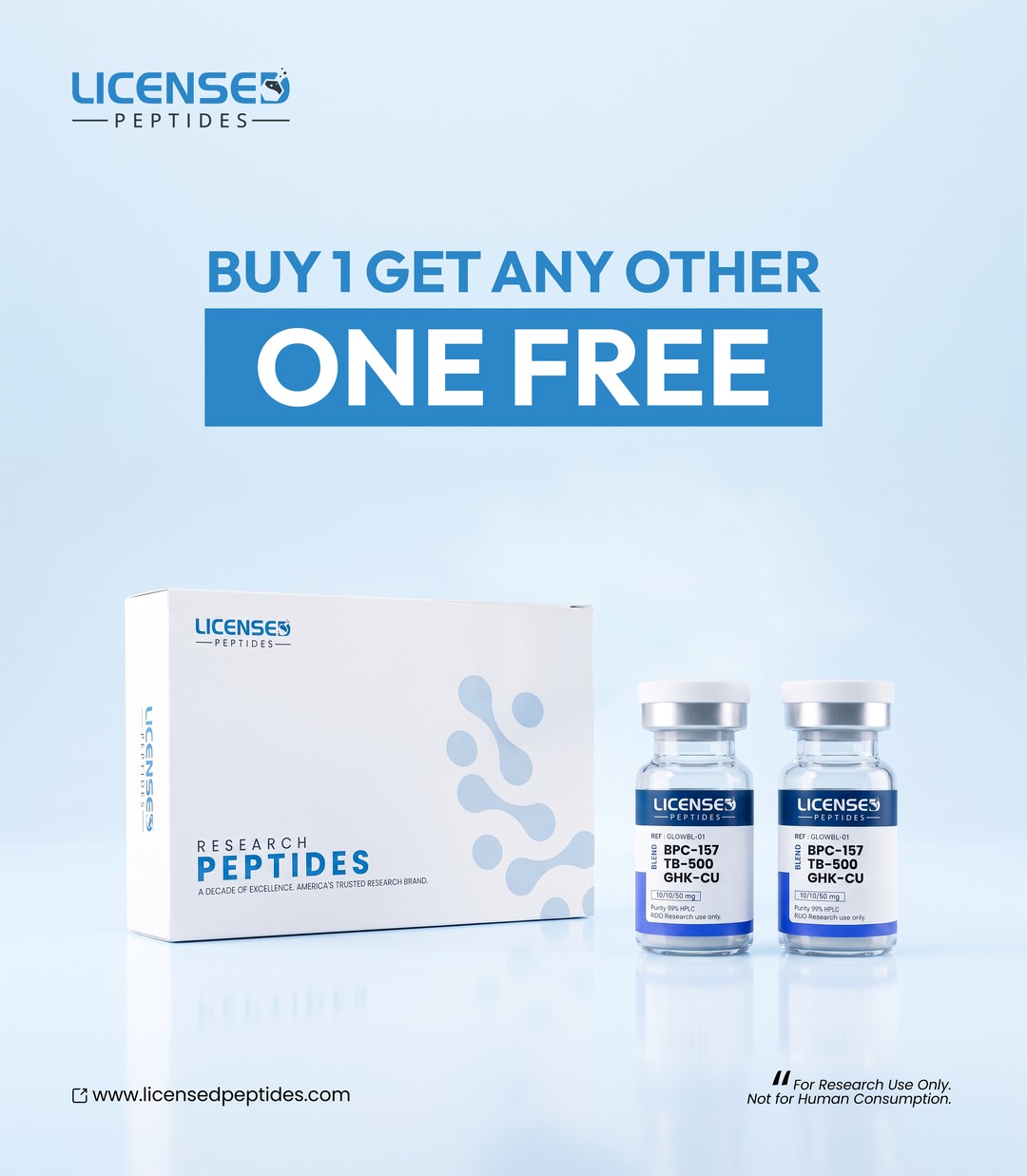 LicensedPeptides.com Facebook ad: 2 FOR 1, PICK ANY VIAL FREE