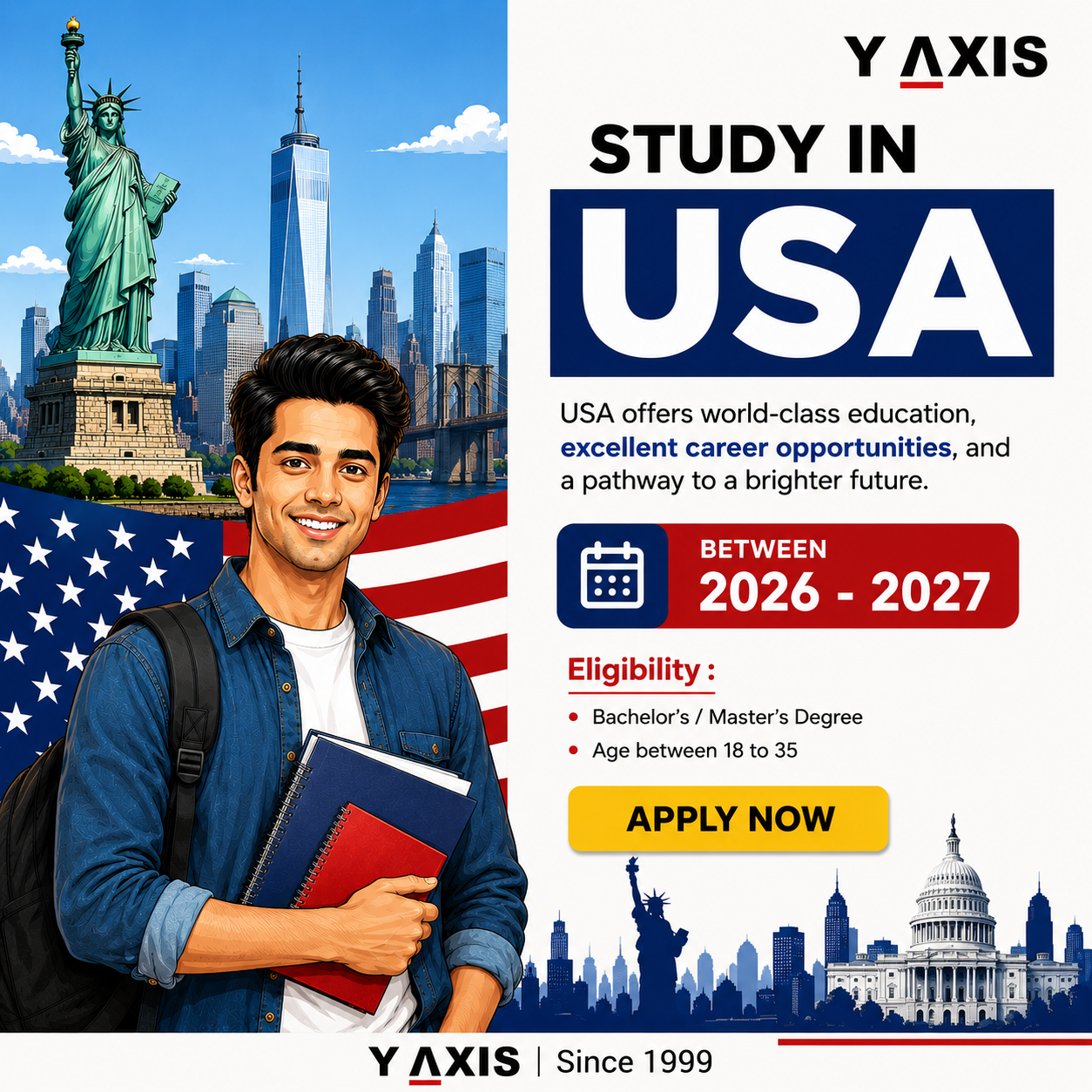 Y-Axis Middle East Facebook ad: Study in the USA, Apply Now
