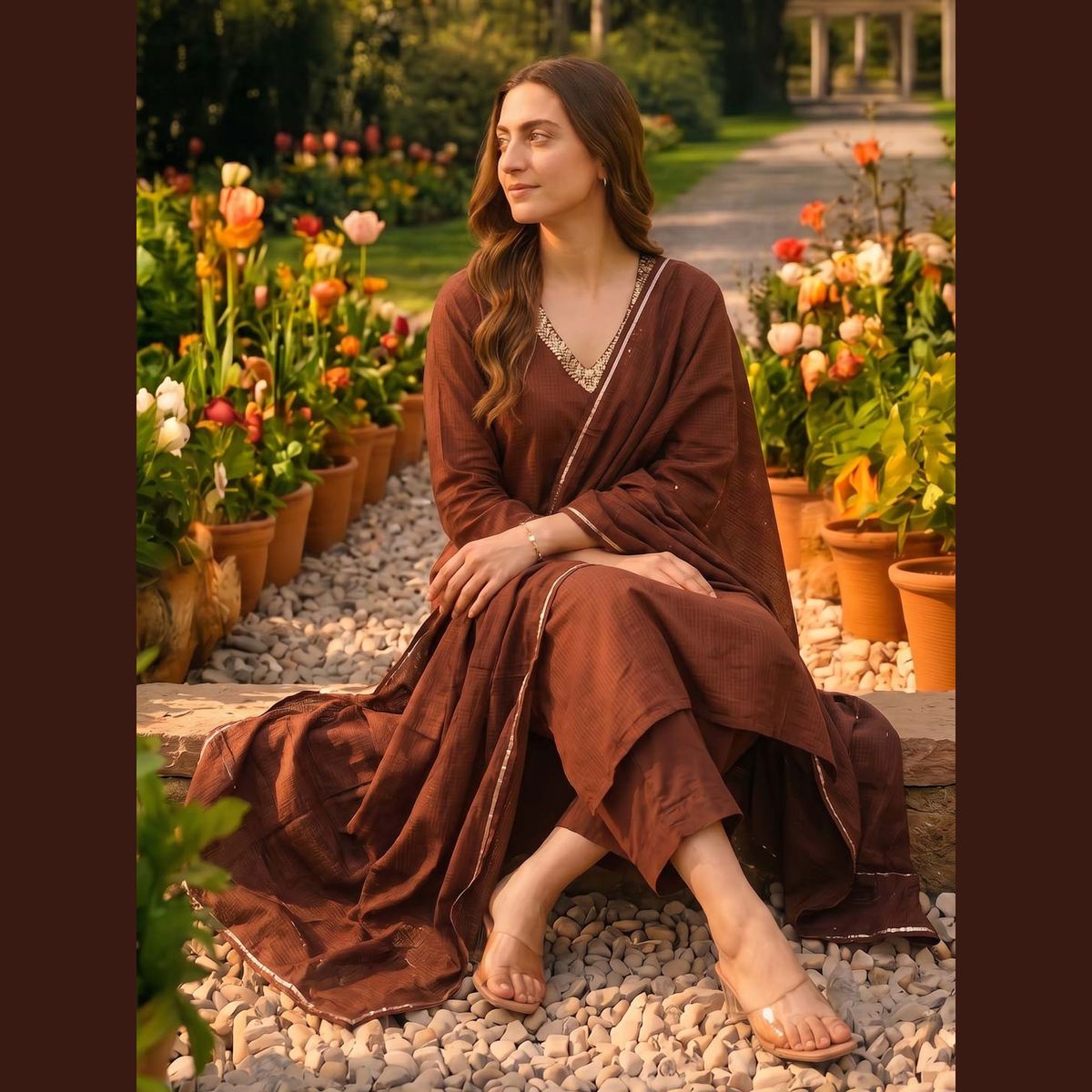 Gulabi Dori Facebook ad: Mocha Brown Kota Doria Suit Set With Sequence Work