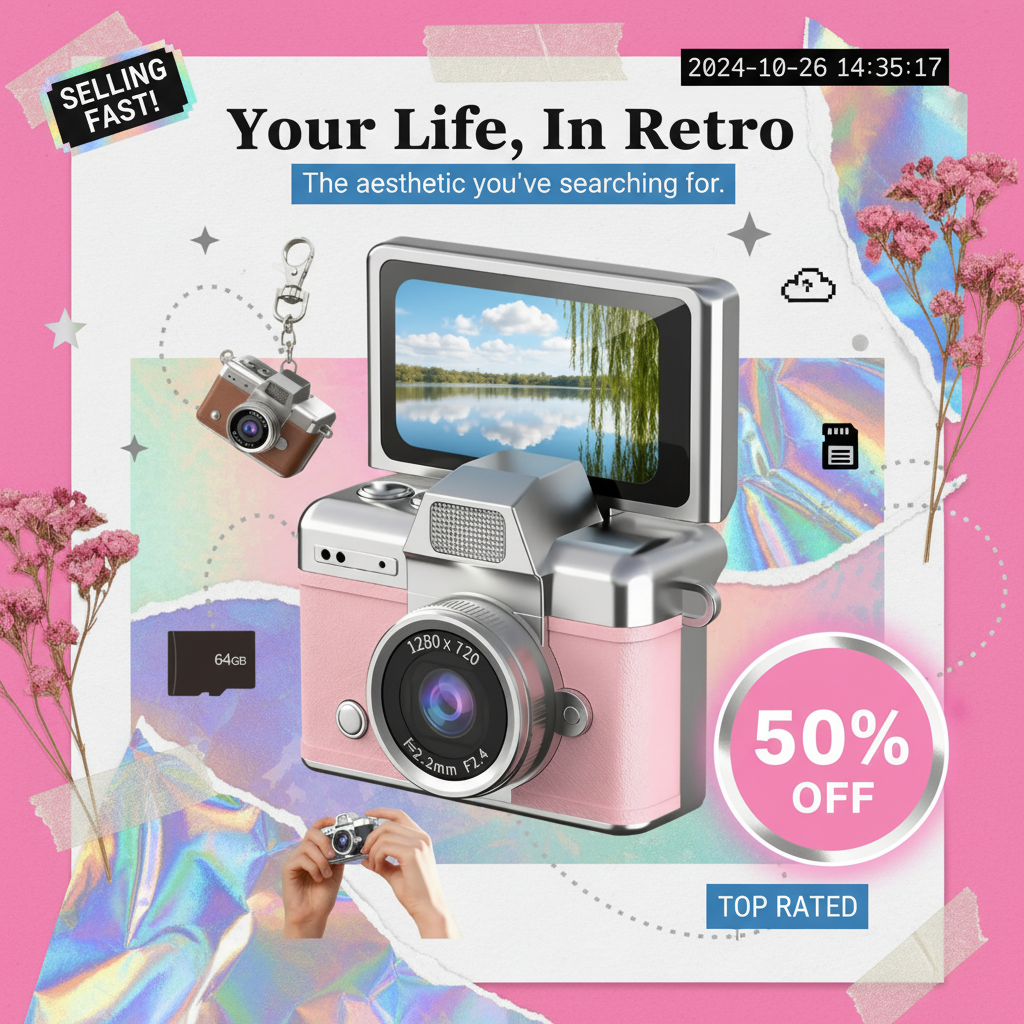 Kikishop Facebook ad: Mini Retro Camera with Flip Screen
