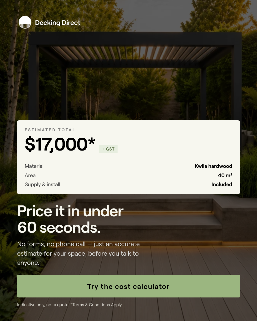 Decking Direct Facebook ad: Try Our Instant Cost Calculator