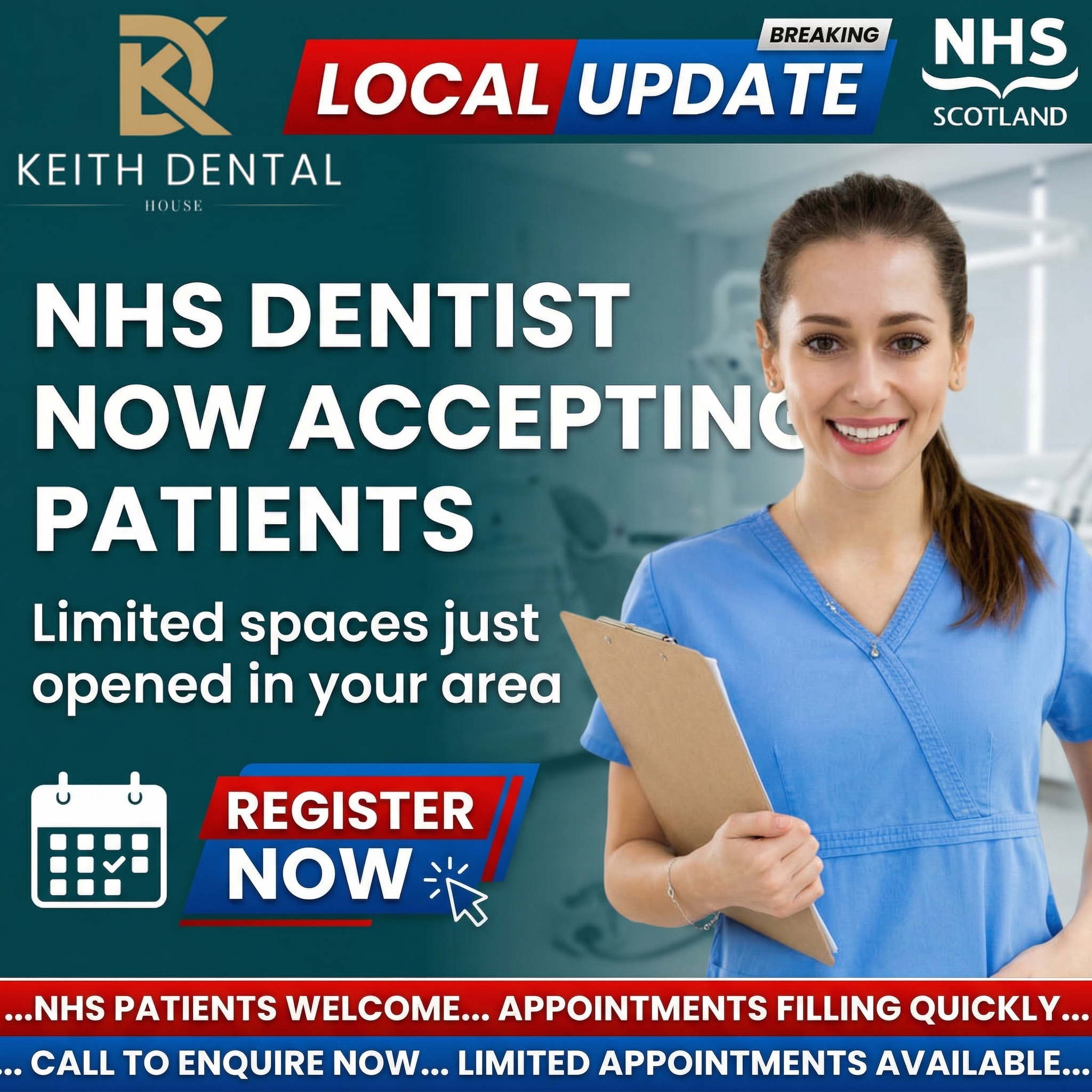 Keith Dental House Facebook ad: Stop Searching, Start Smiling! (NHS Open)