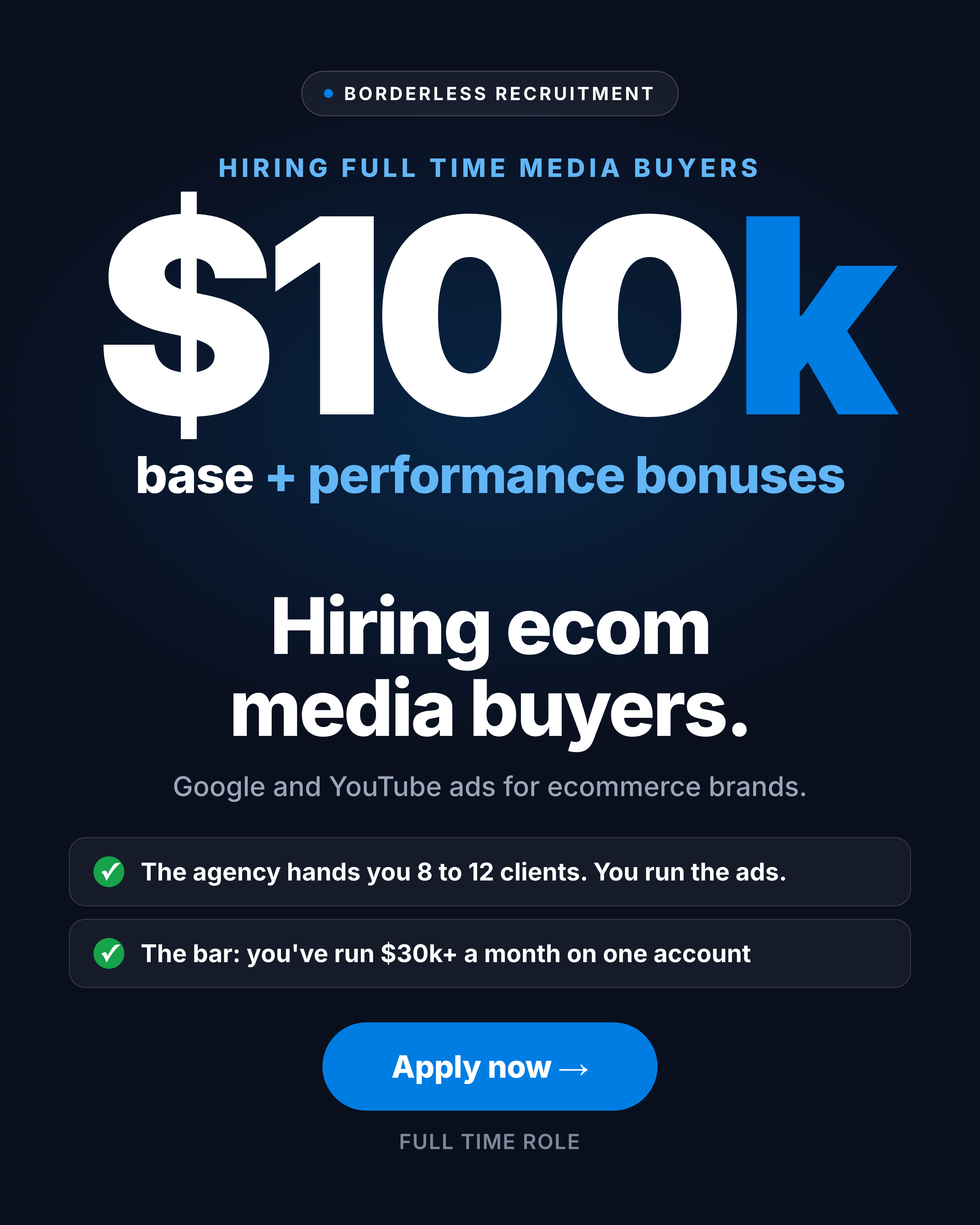 Borderless Recruitment Facebook ad: Hiring ecom media buyers. $100k base + bonuses
