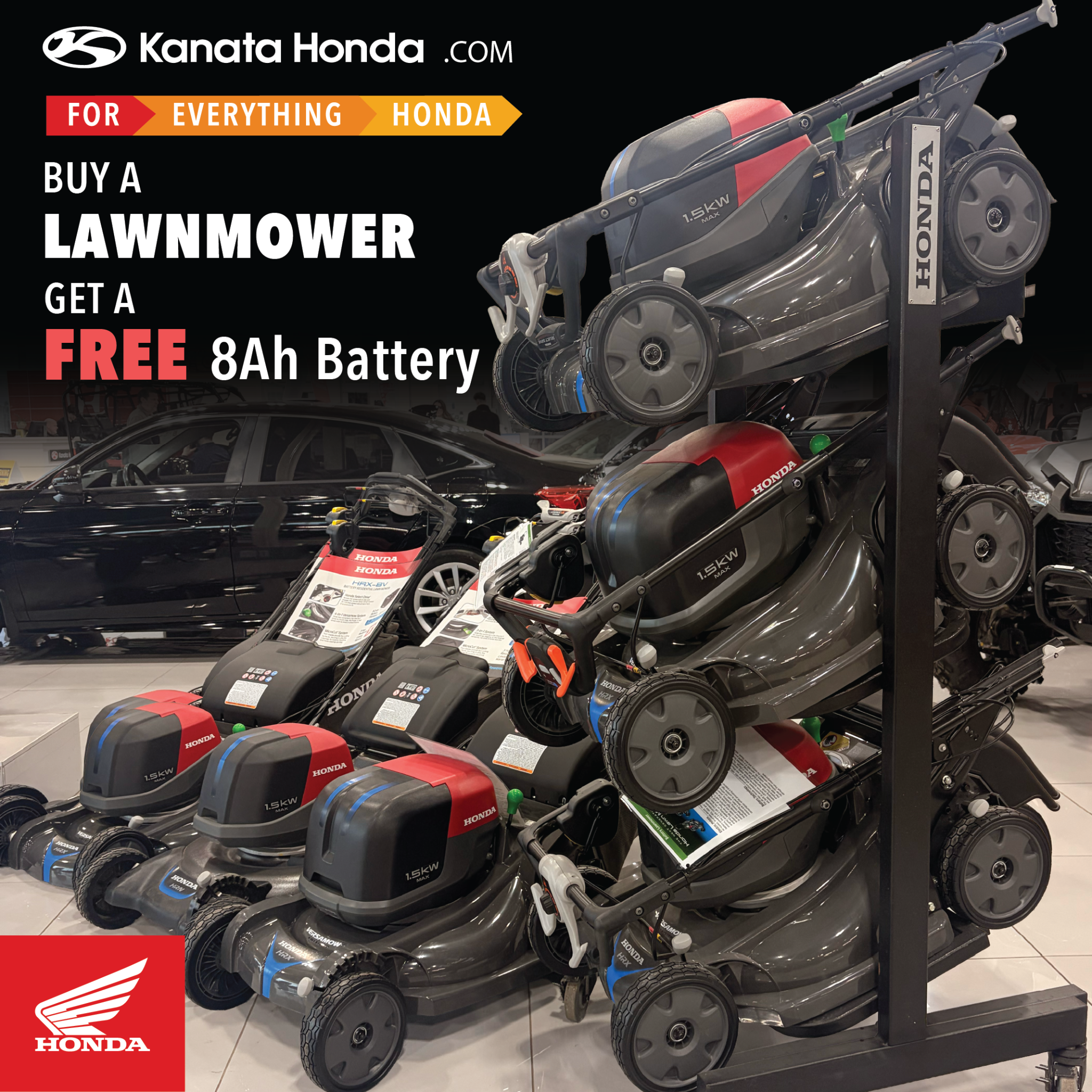 Kanata Honda Facebook ad: Get a Honda lawnmower with a FREE 8Ah battery