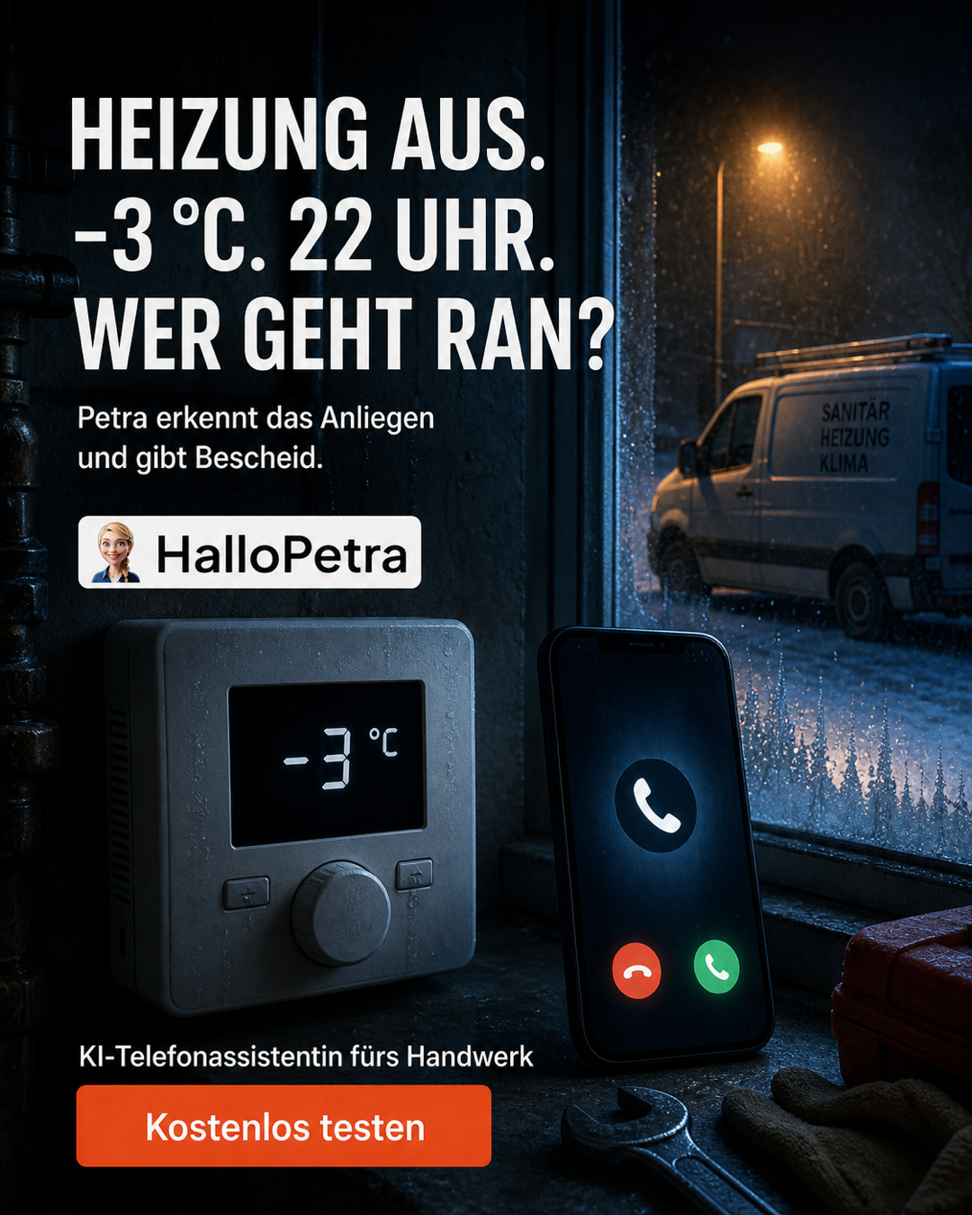 HalloPetra.de Facebook ad: Petra geht ran. Auch um 22 Uhr.