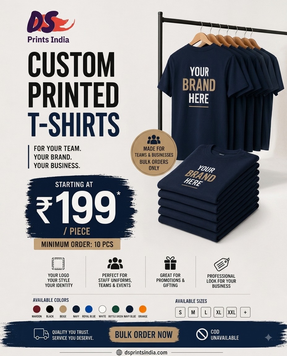 DS Prints India Facebook ad: Custom Logo T-Shirts from ₹199/Piece